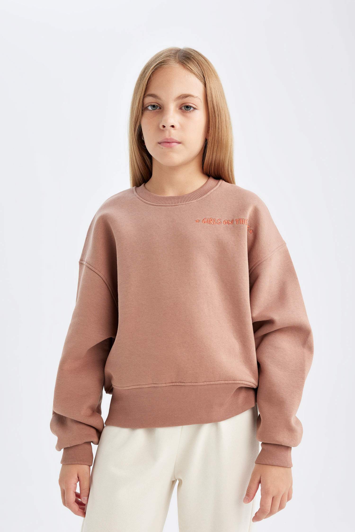 Kız Çocuk Relax Fit Bisiklet Yaka Baskılı Sweatshirt