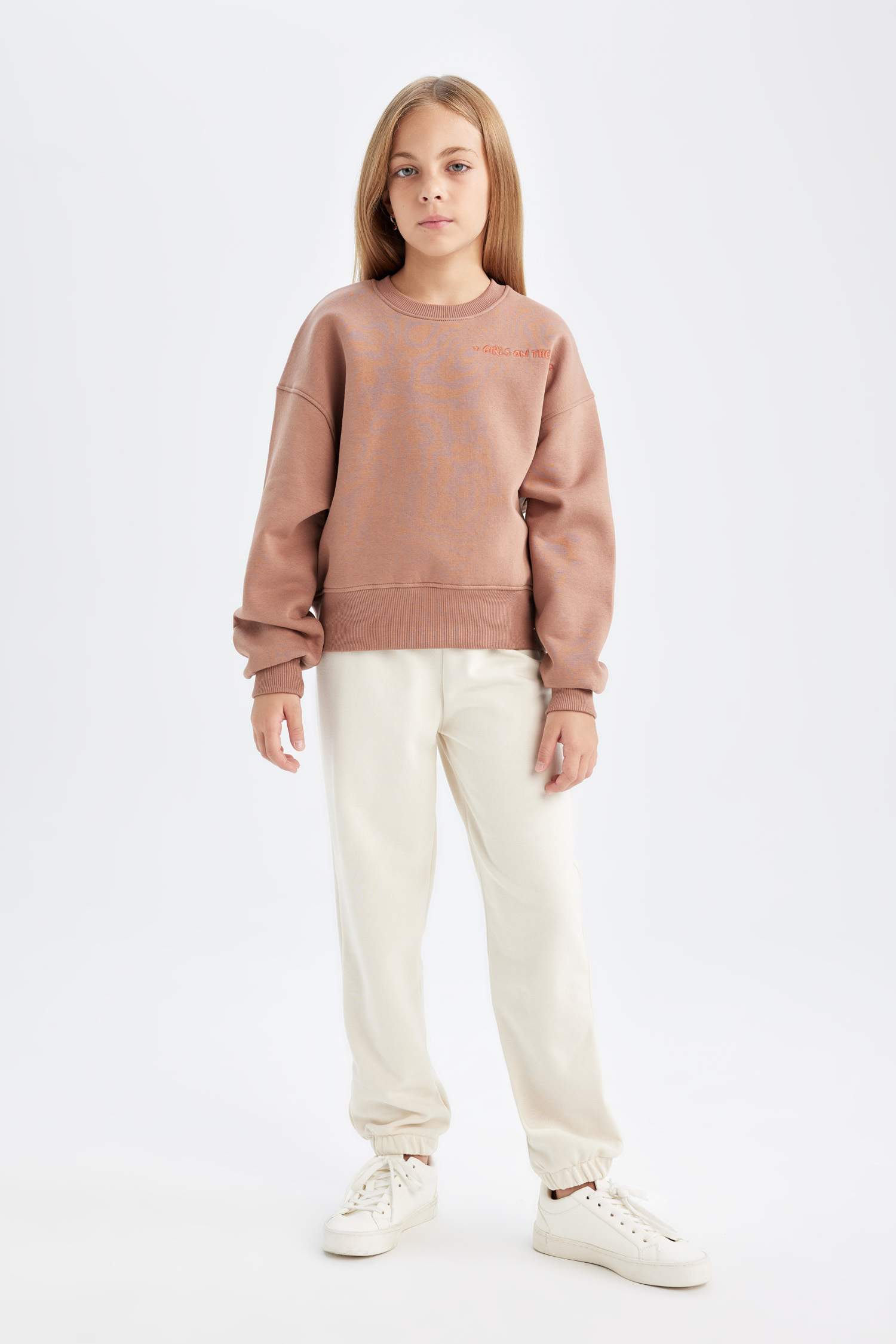 Kız Çocuk Relax Fit Bisiklet Yaka Baskılı Sweatshirt