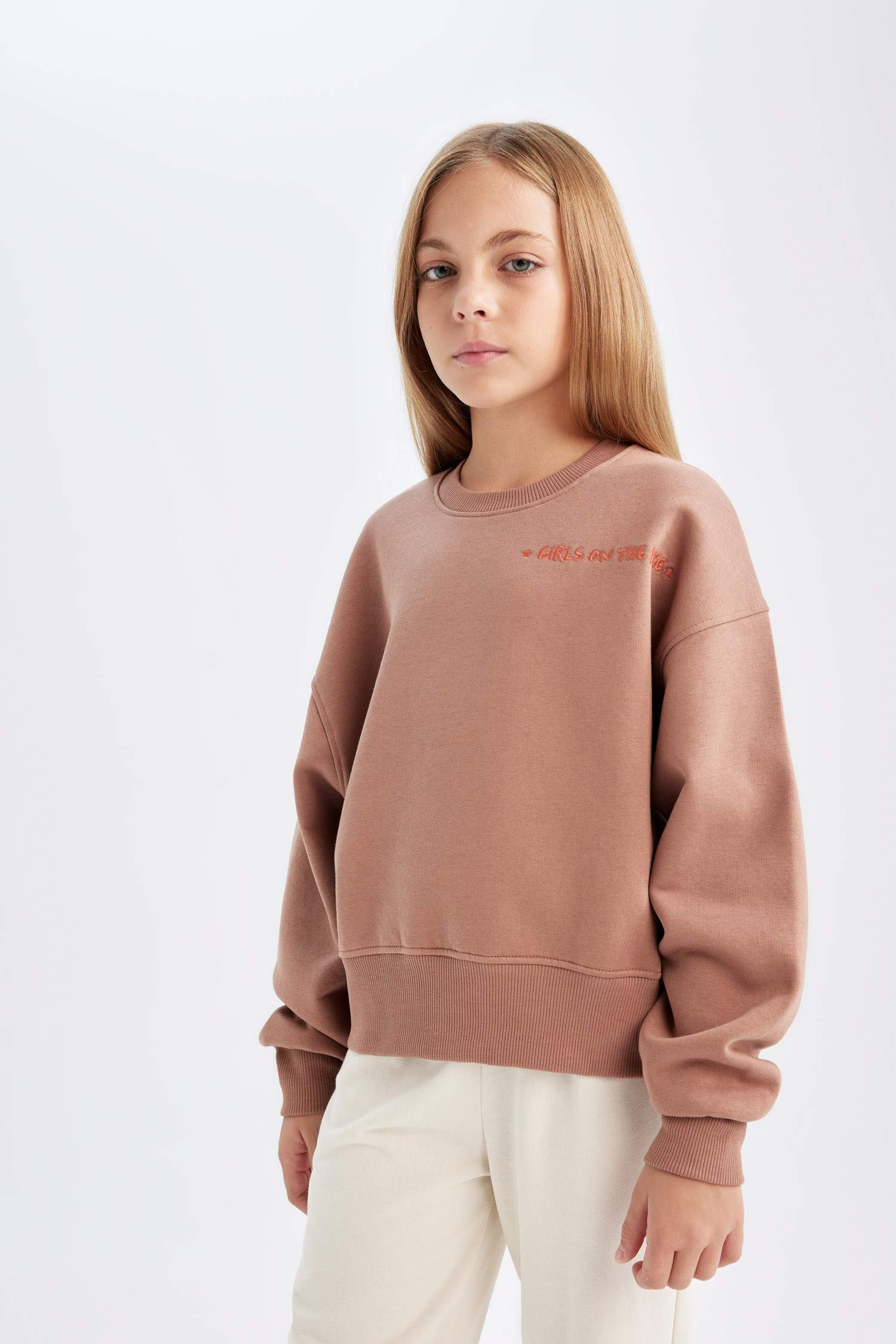 Kız Çocuk Relax Fit Bisiklet Yaka Baskılı Sweatshirt