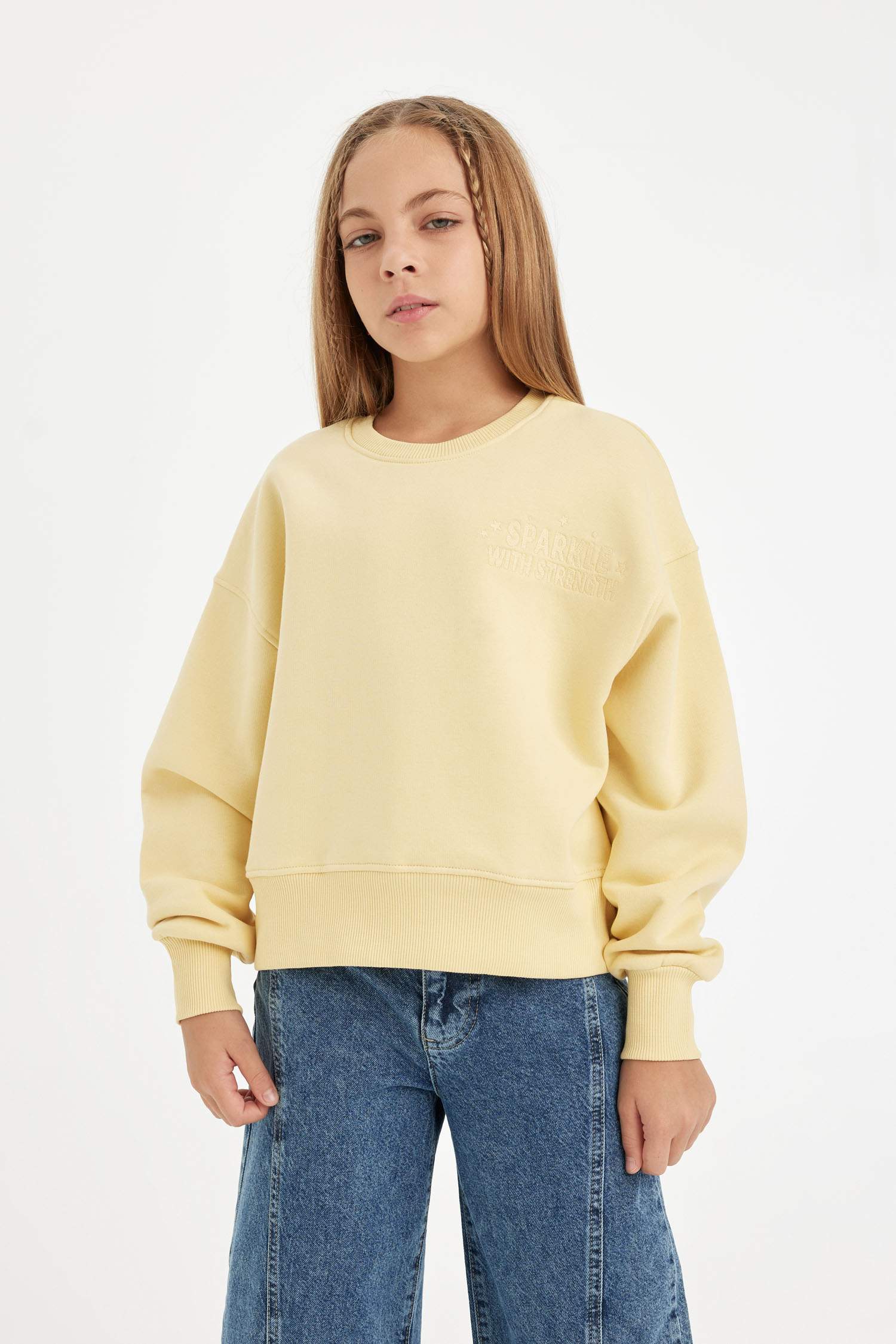 Kız Çocuk Relax Fit Bisiklet Yaka Baskılı Sweatshirt