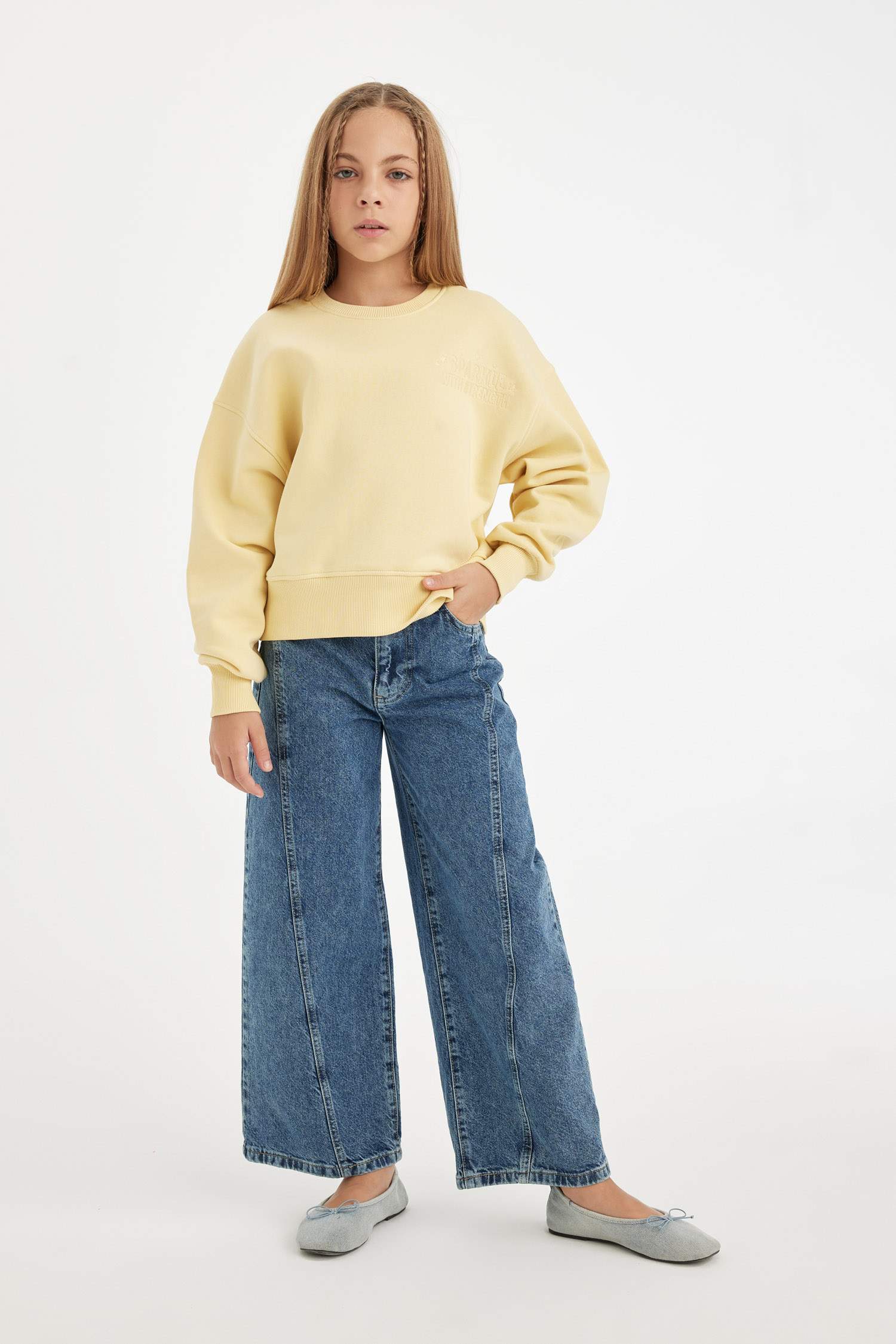 Kız Çocuk Relax Fit Bisiklet Yaka Baskılı Sweatshirt