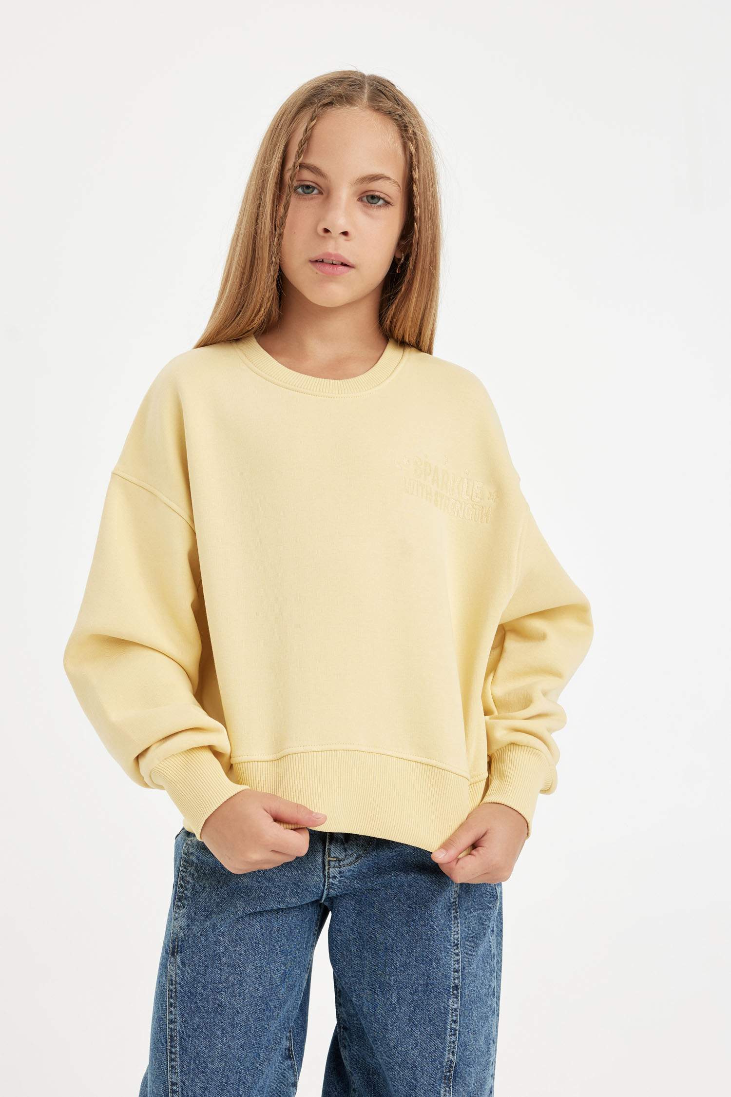 Kız Çocuk Relax Fit Bisiklet Yaka Baskılı Sweatshirt