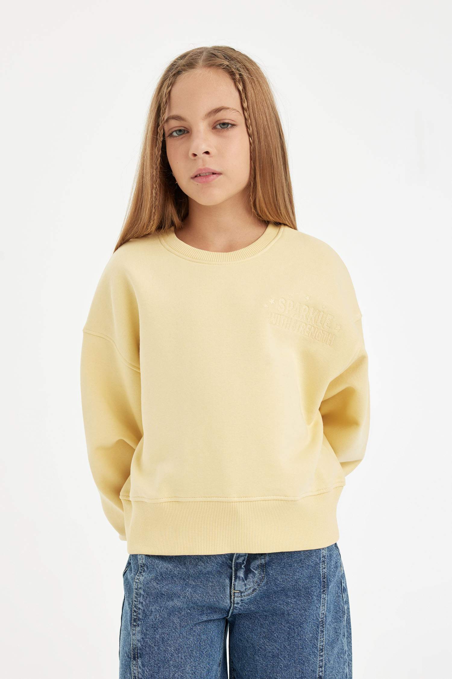 Kız Çocuk Relax Fit Bisiklet Yaka Baskılı Sweatshirt