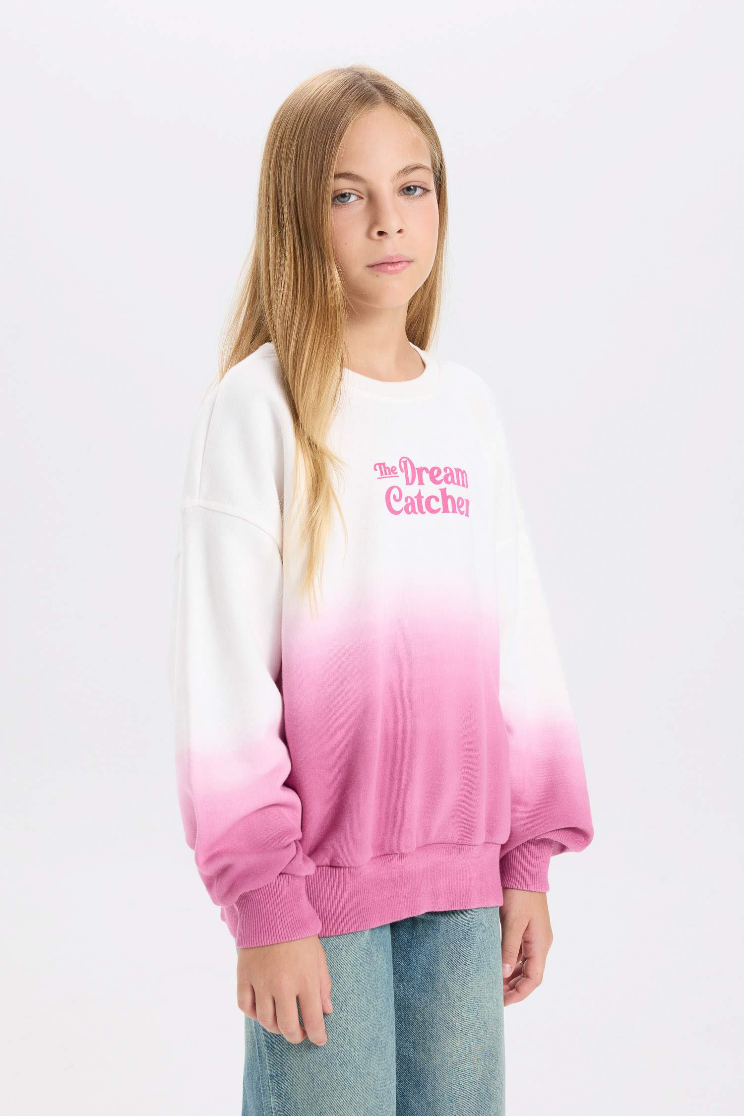 Kız Çocuk Oversize Geniş Kalıp Bisiklet Yaka Degrade Baskılı Sweatshirt