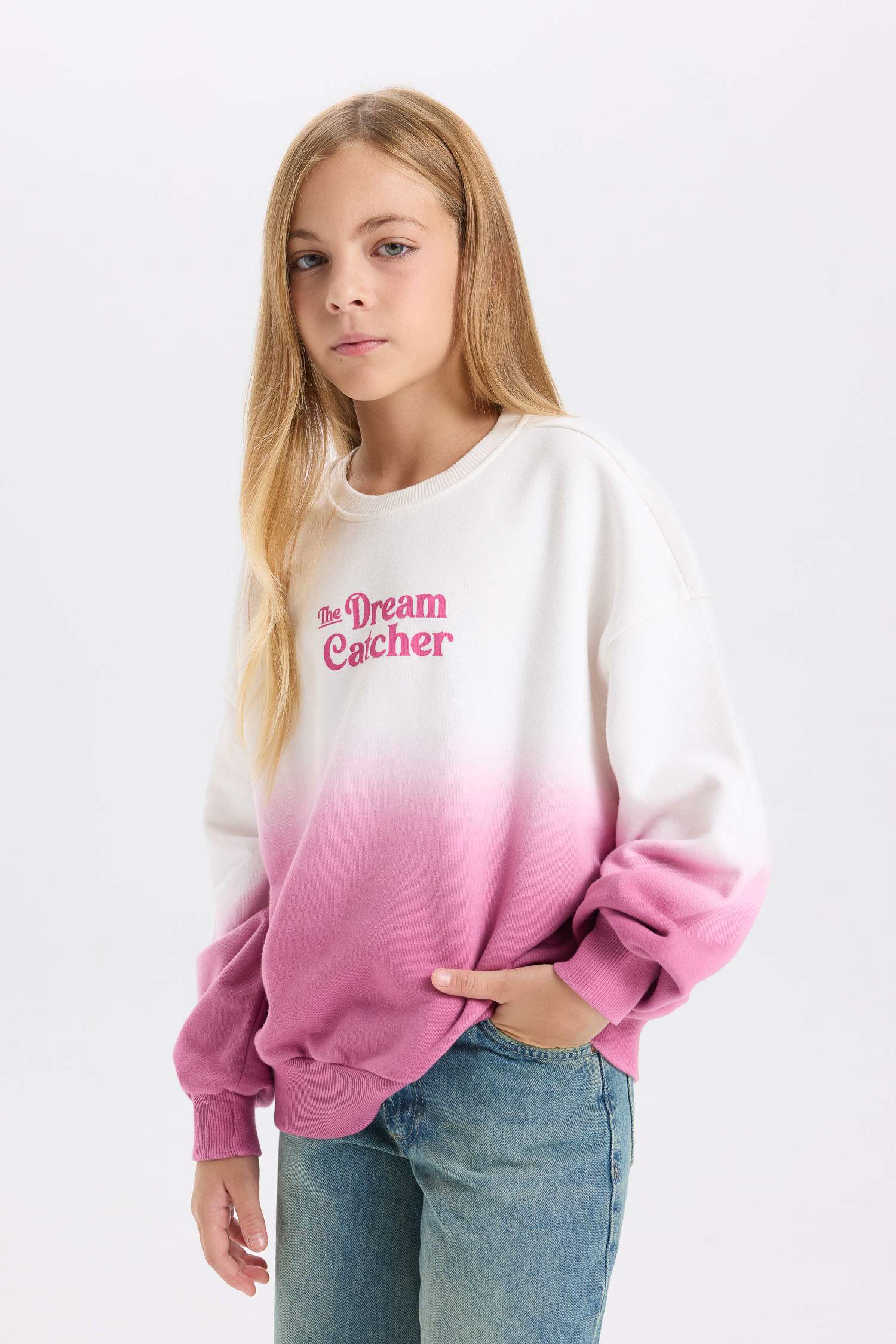 Kız Çocuk Oversize Geniş Kalıp Bisiklet Yaka Degrade Baskılı Sweatshirt