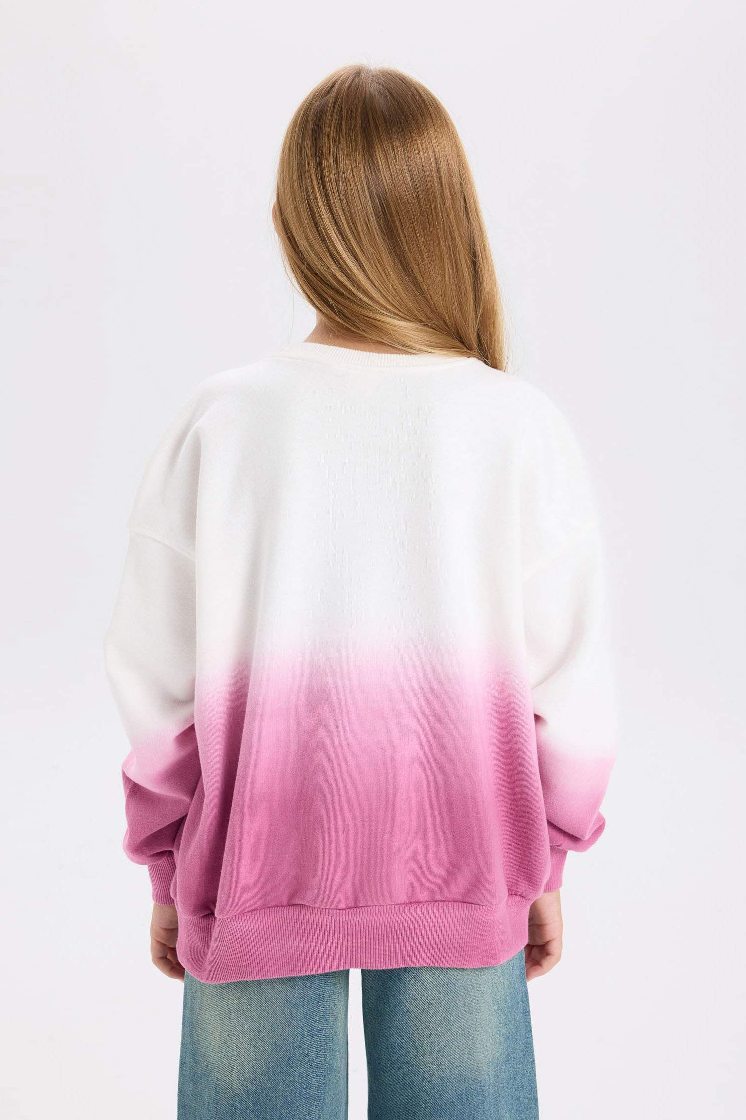 Kız Çocuk Oversize Geniş Kalıp Bisiklet Yaka Degrade Baskılı Sweatshirt