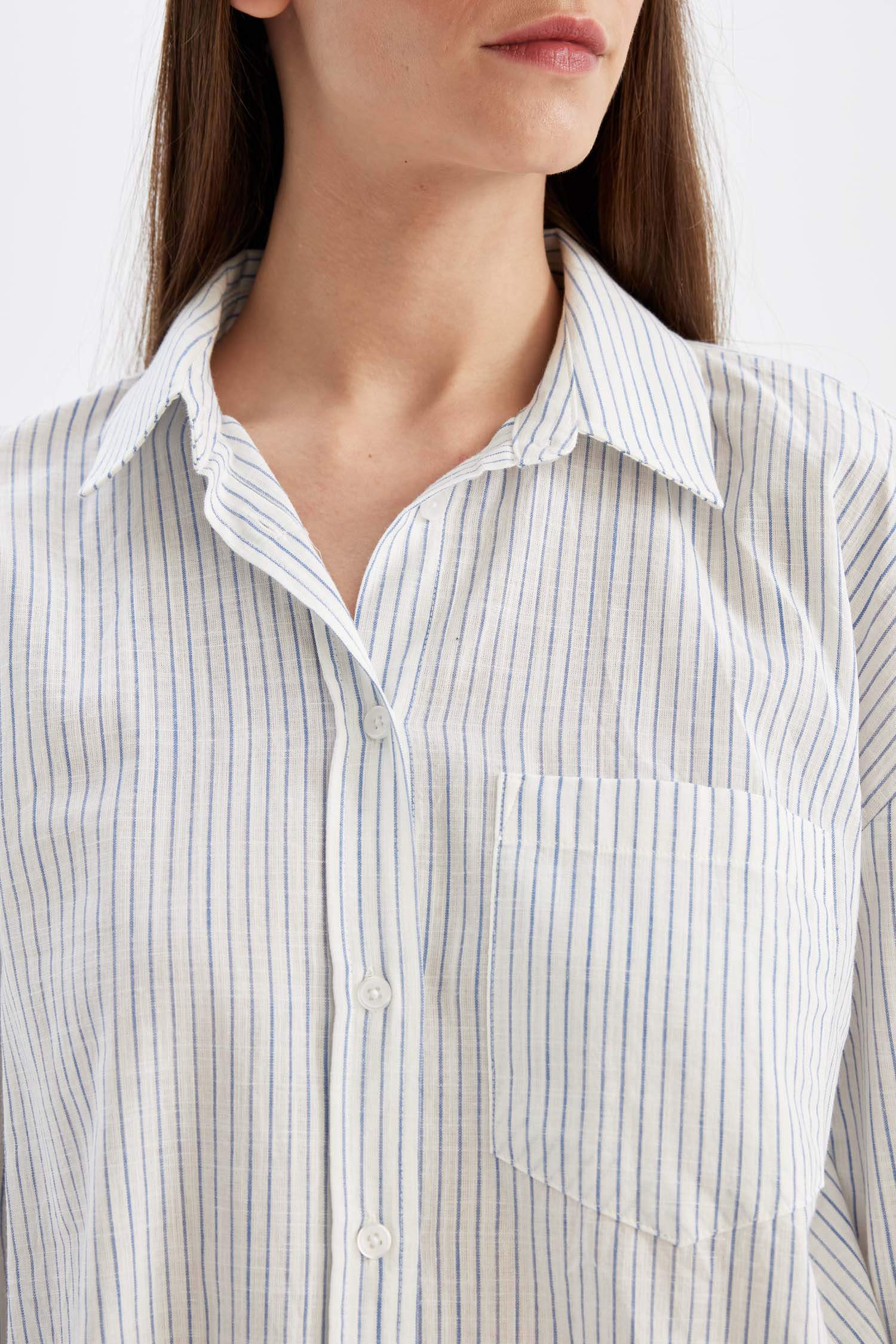 Oversize Geniş Kalıp Çizgili Keten Görünümlü Uzun Kollu Gömlek