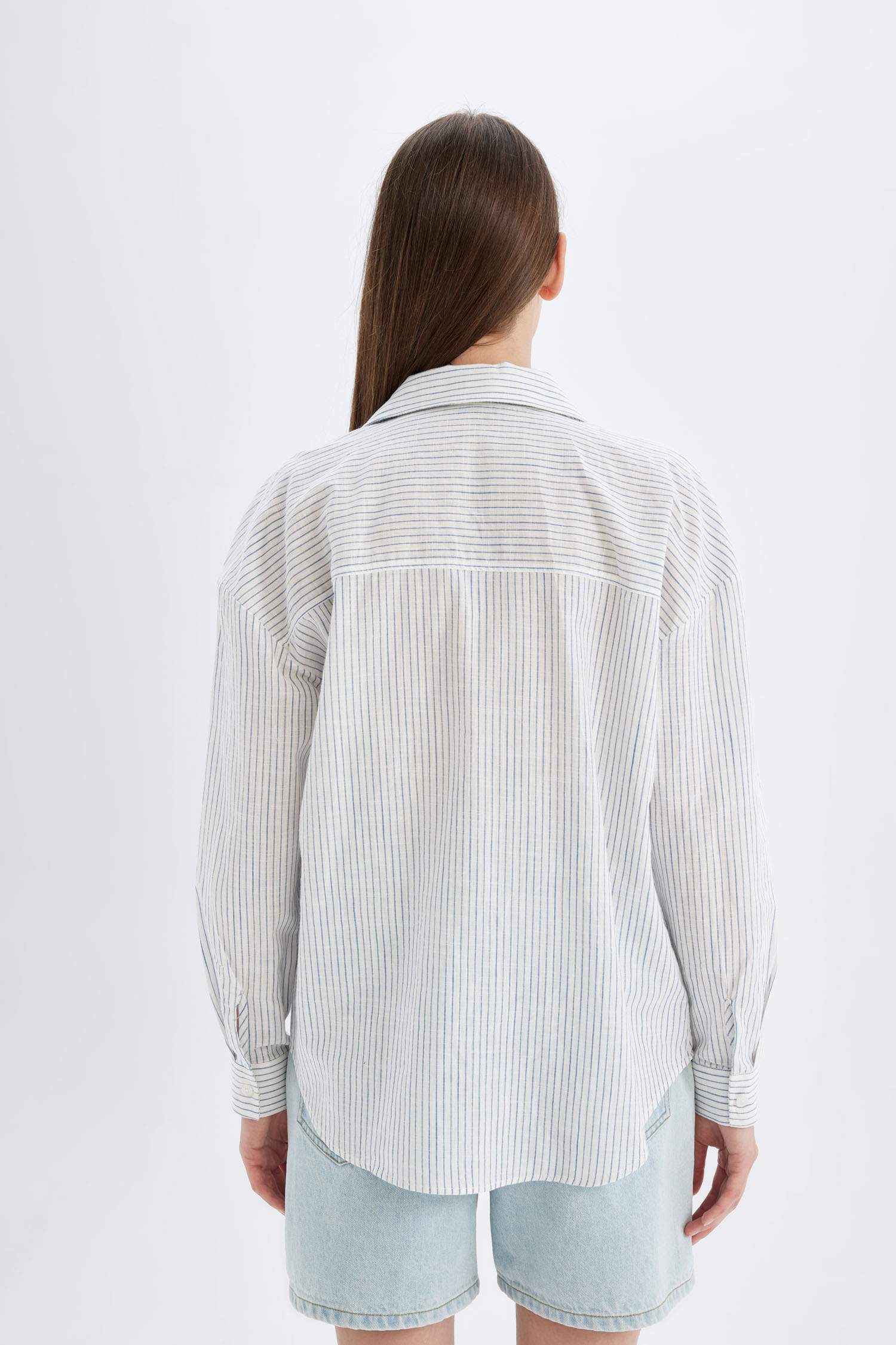 Oversize Geniş Kalıp Çizgili Keten Görünümlü Uzun Kollu Gömlek