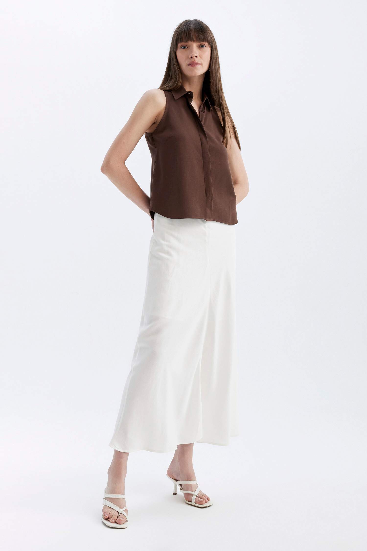 Regular Fit Shirt Collar Linen Blend Sleeveless Blouse