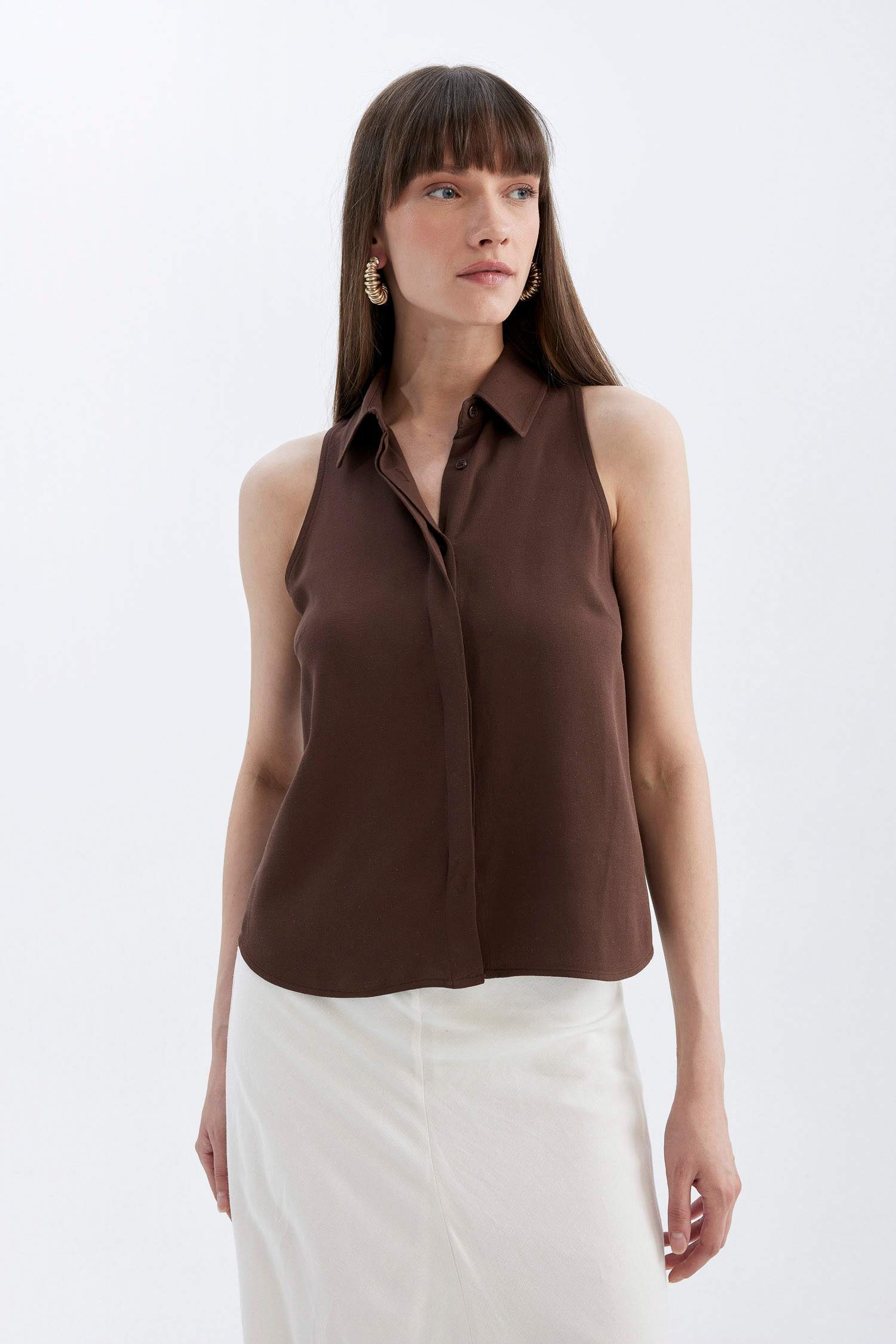 Regular Fit Shirt Collar Linen Blend Sleeveless Blouse