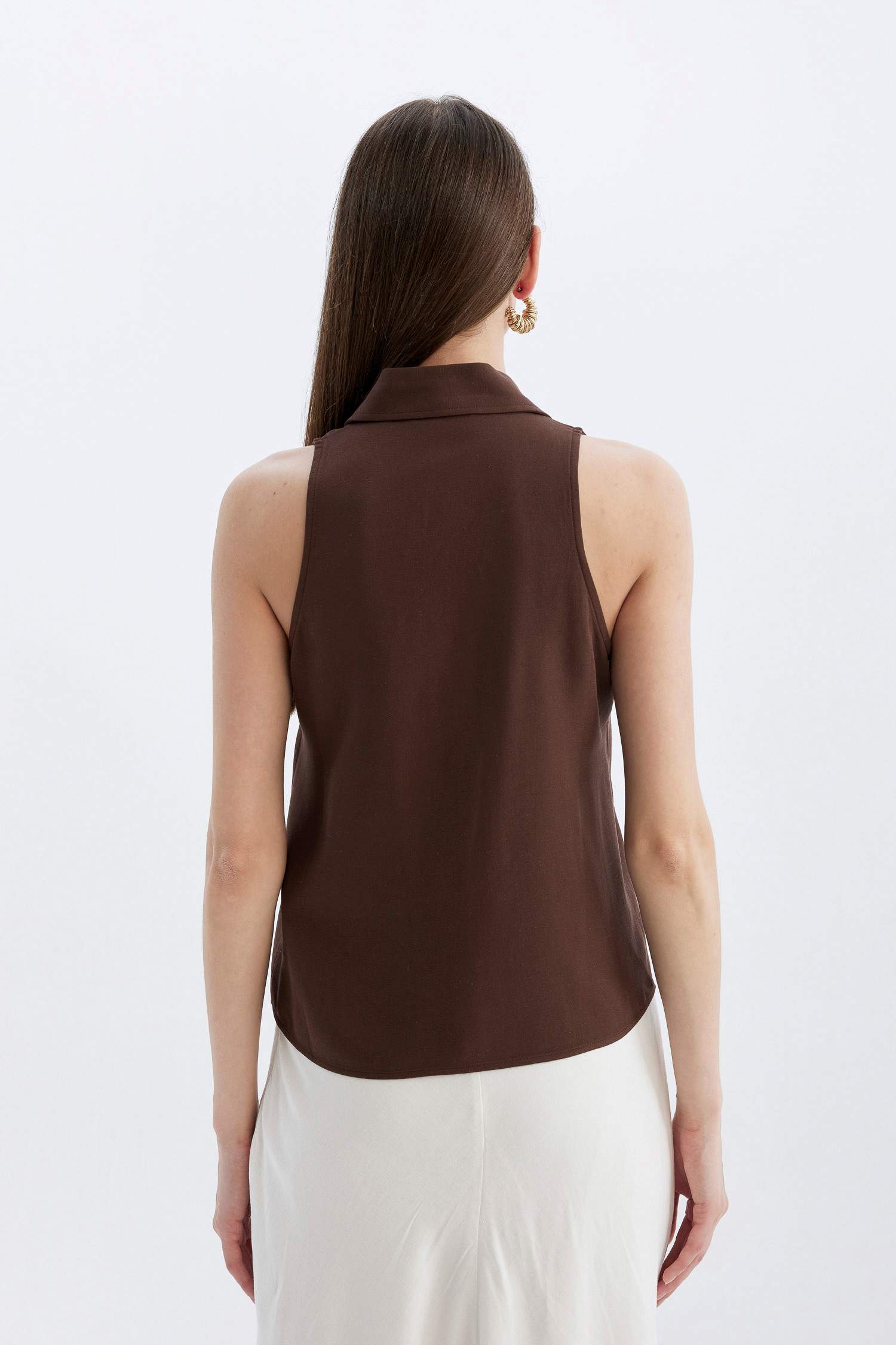 Regular Fit Shirt Collar Linen Blend Sleeveless Blouse