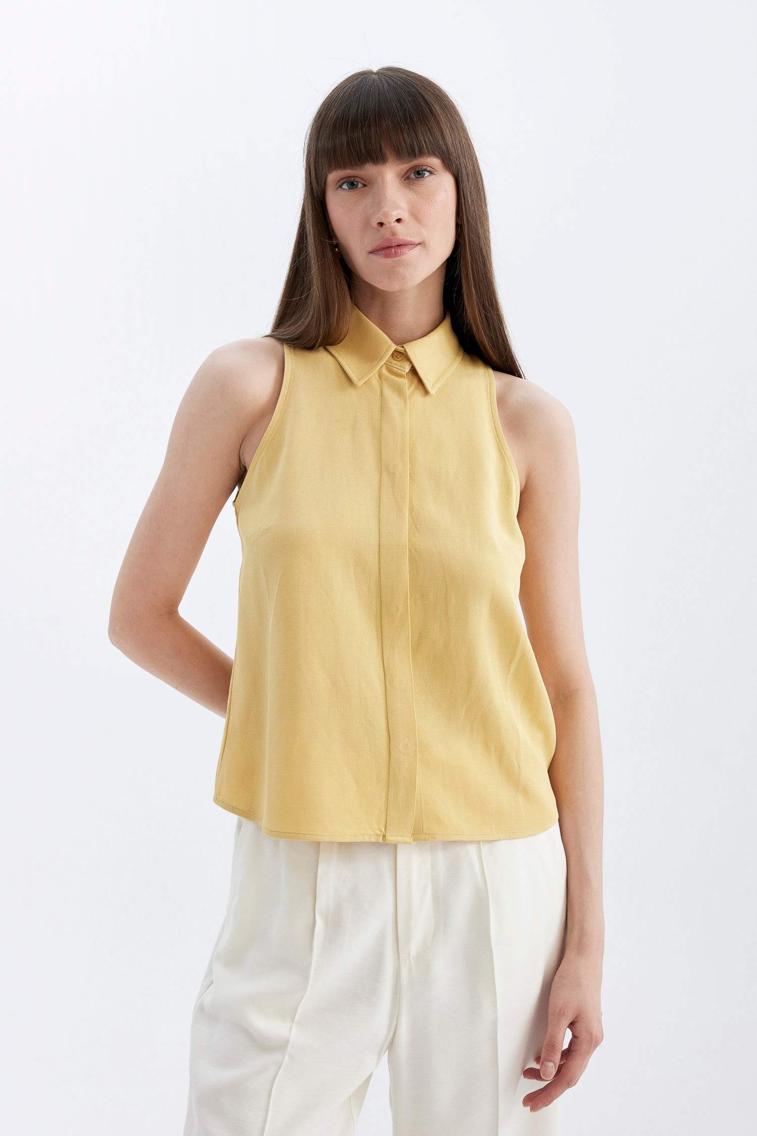 Regular Fit Shirt Collar Linen Blend Sleeveless Blouse