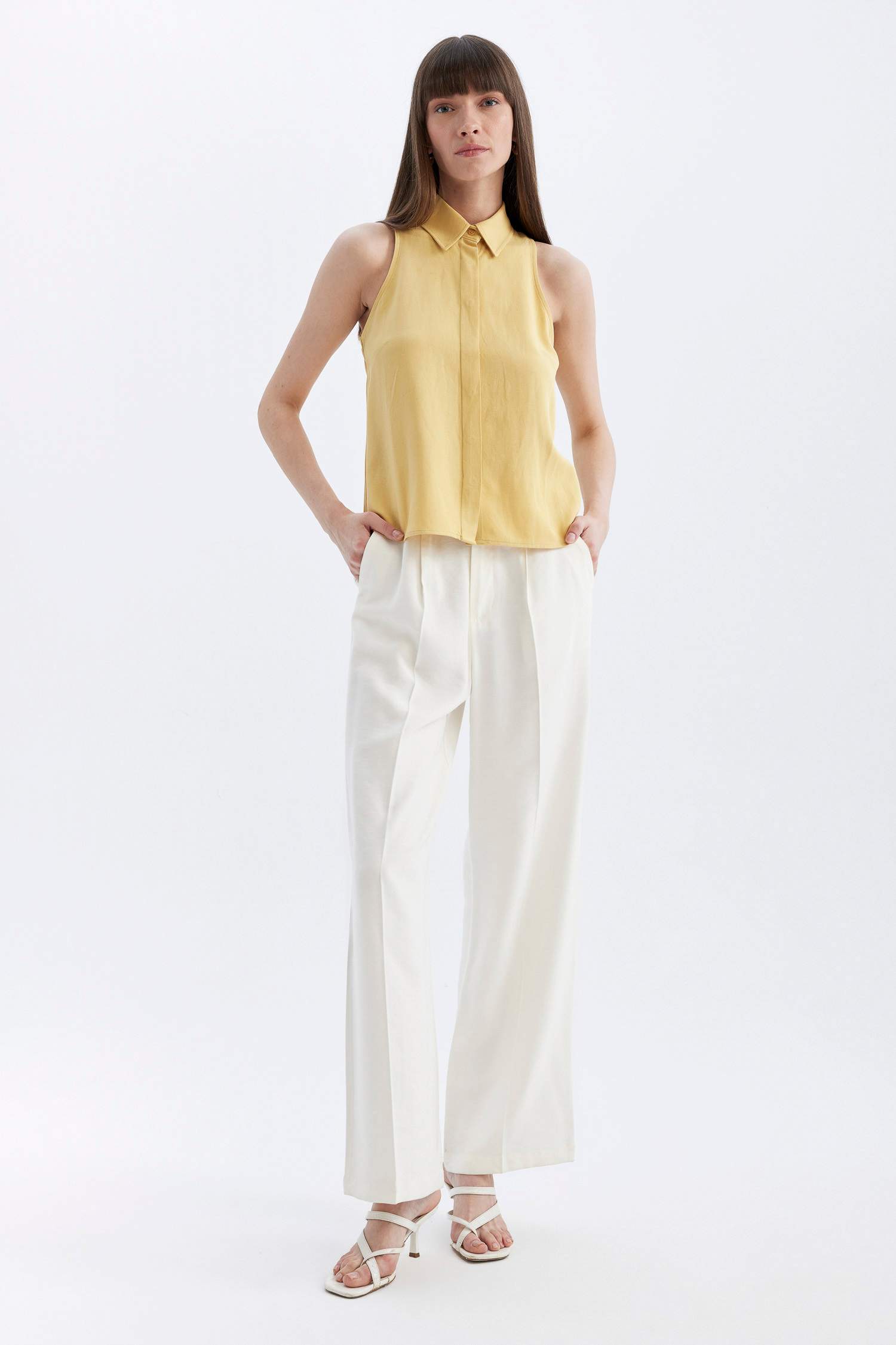 Regular Fit Shirt Collar Linen Blend Sleeveless Blouse