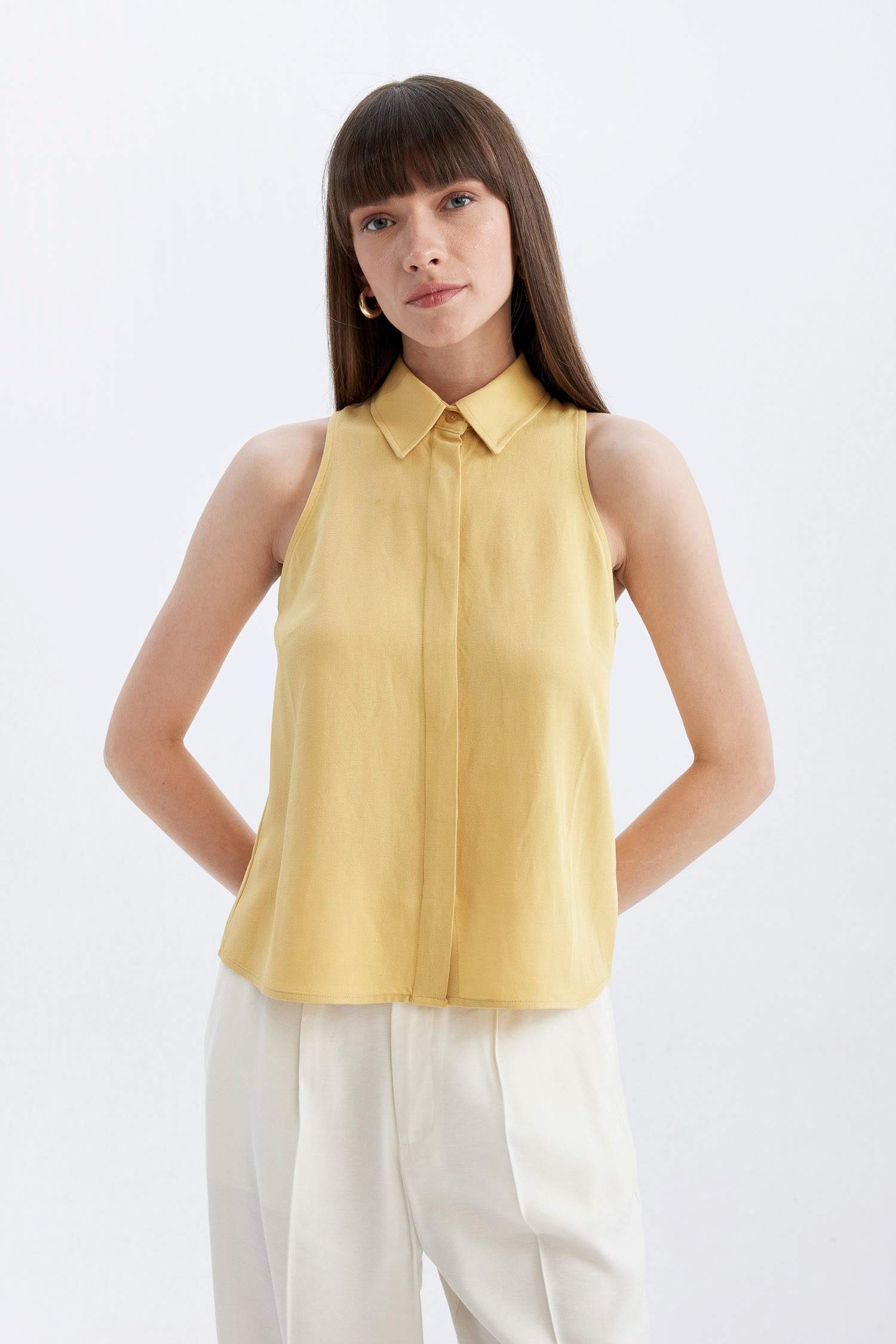 Regular Fit Shirt Collar Linen Blend Sleeveless Blouse
