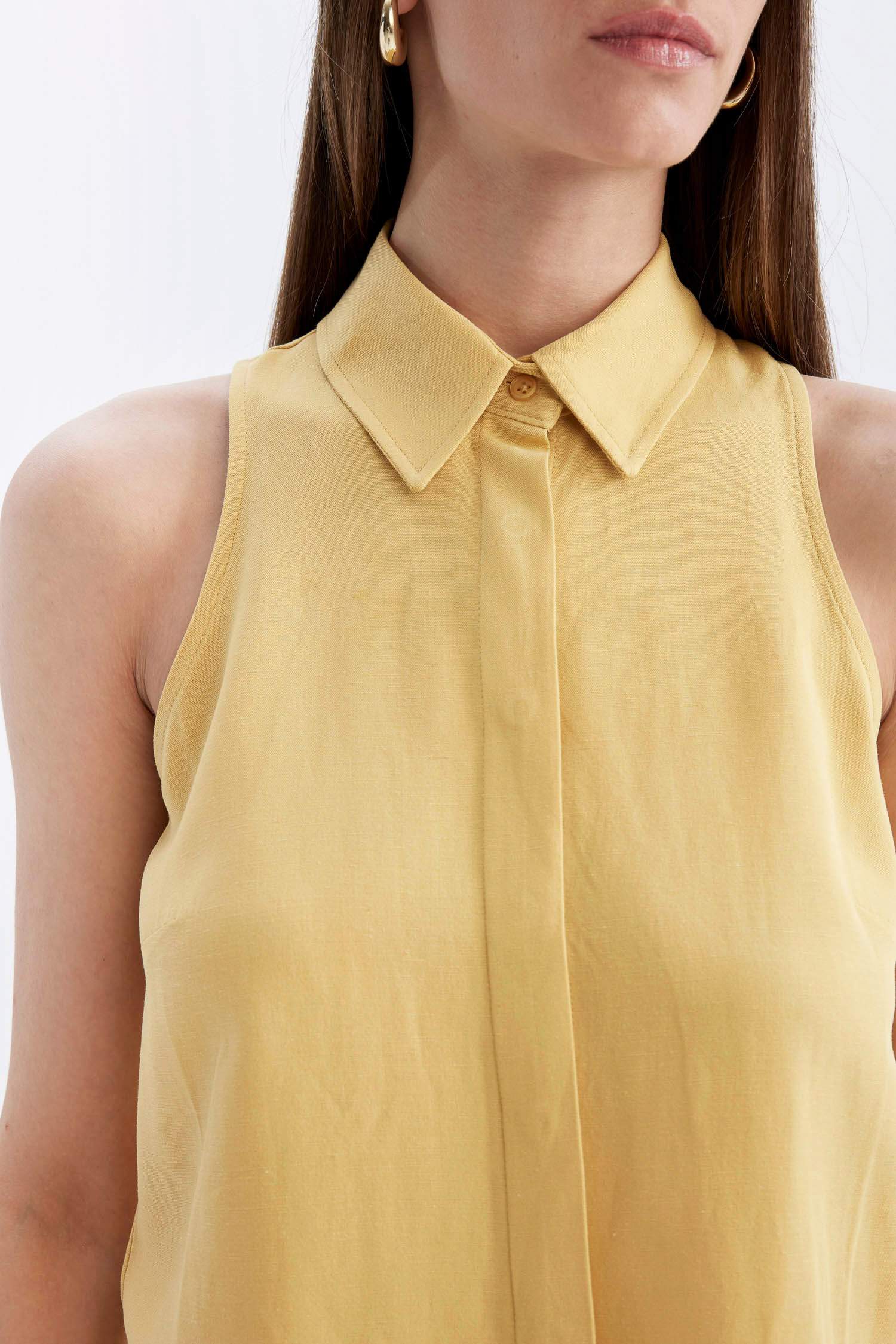 Regular Fit Shirt Collar Linen Blend Sleeveless Blouse