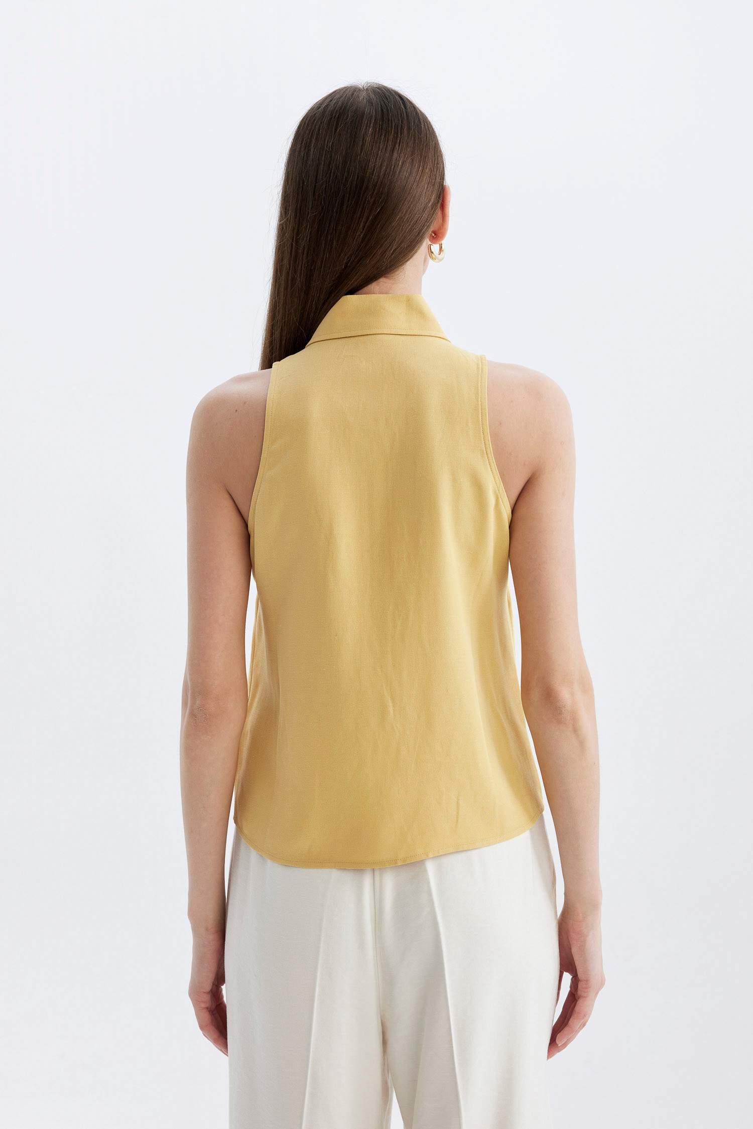 Regular Fit Shirt Collar Linen Blend Sleeveless Blouse