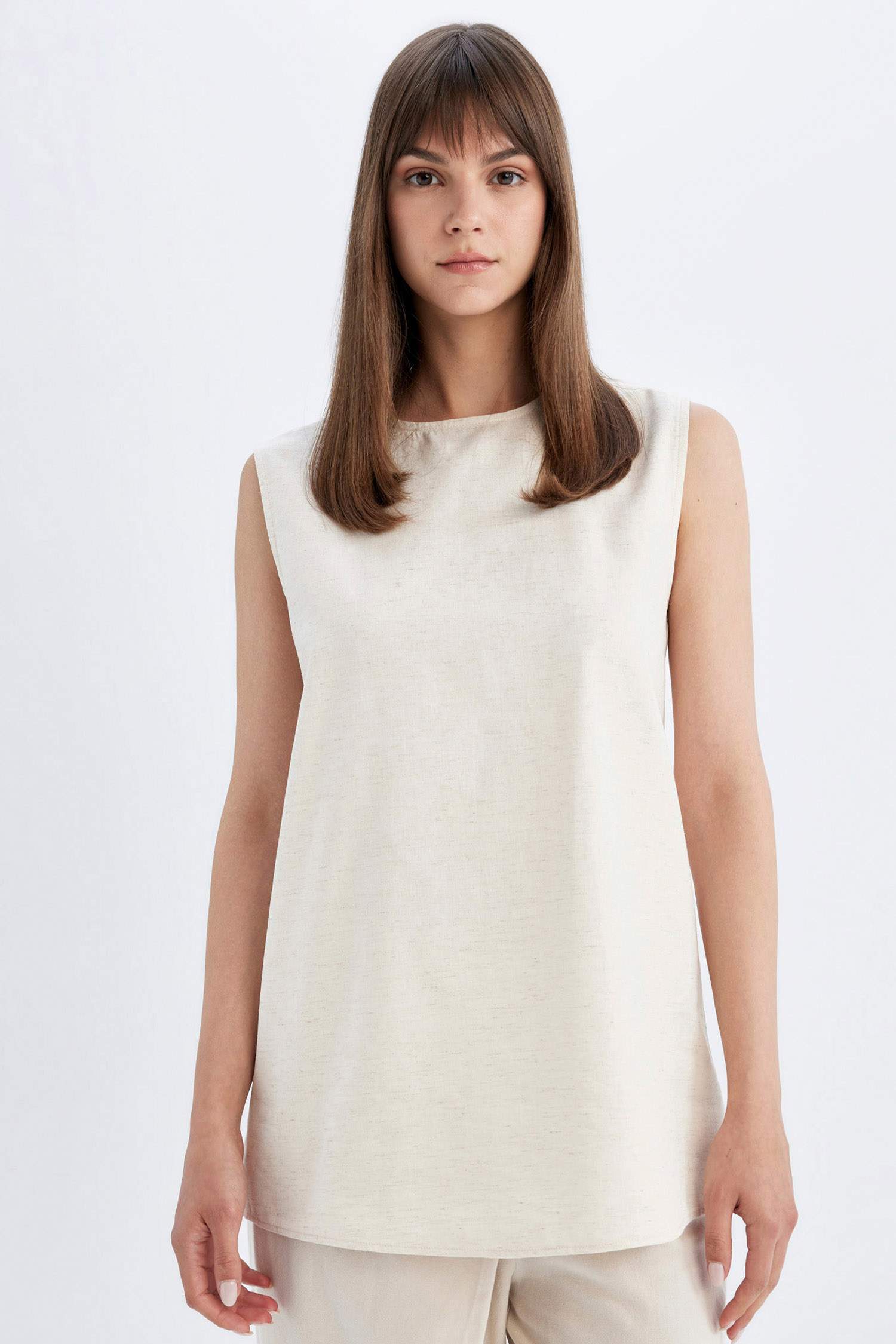 Regular Fit Bisiklet Yaka Basic Düz Keten Karışımlı Kolsuz Tunik