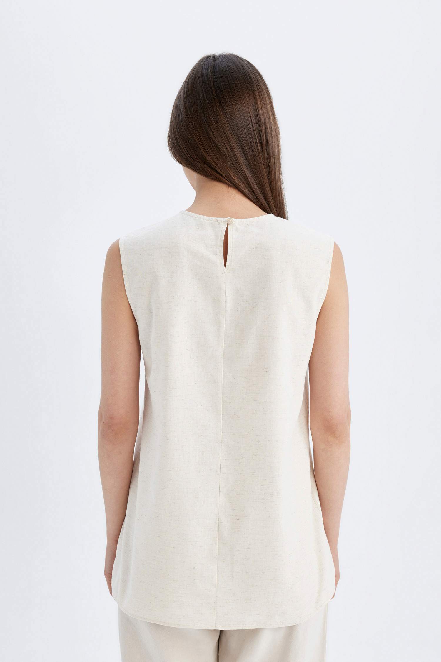 Regular Fit Bisiklet Yaka Basic Düz Keten Karışımlı Kolsuz Tunik