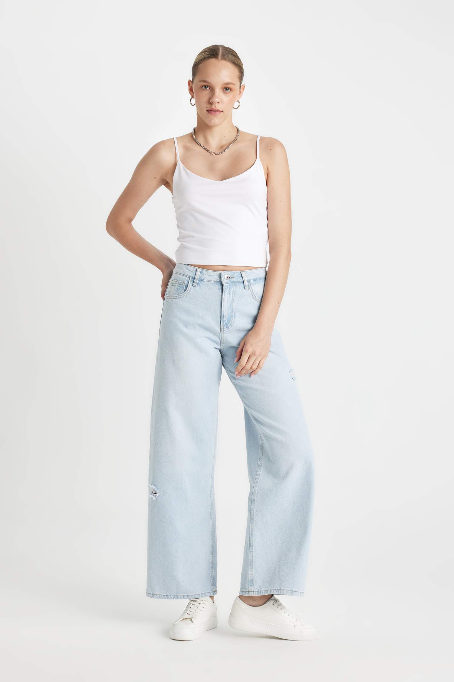 Wide Leg Normal Bel Uzun Jean Yıkamalı Pantolon