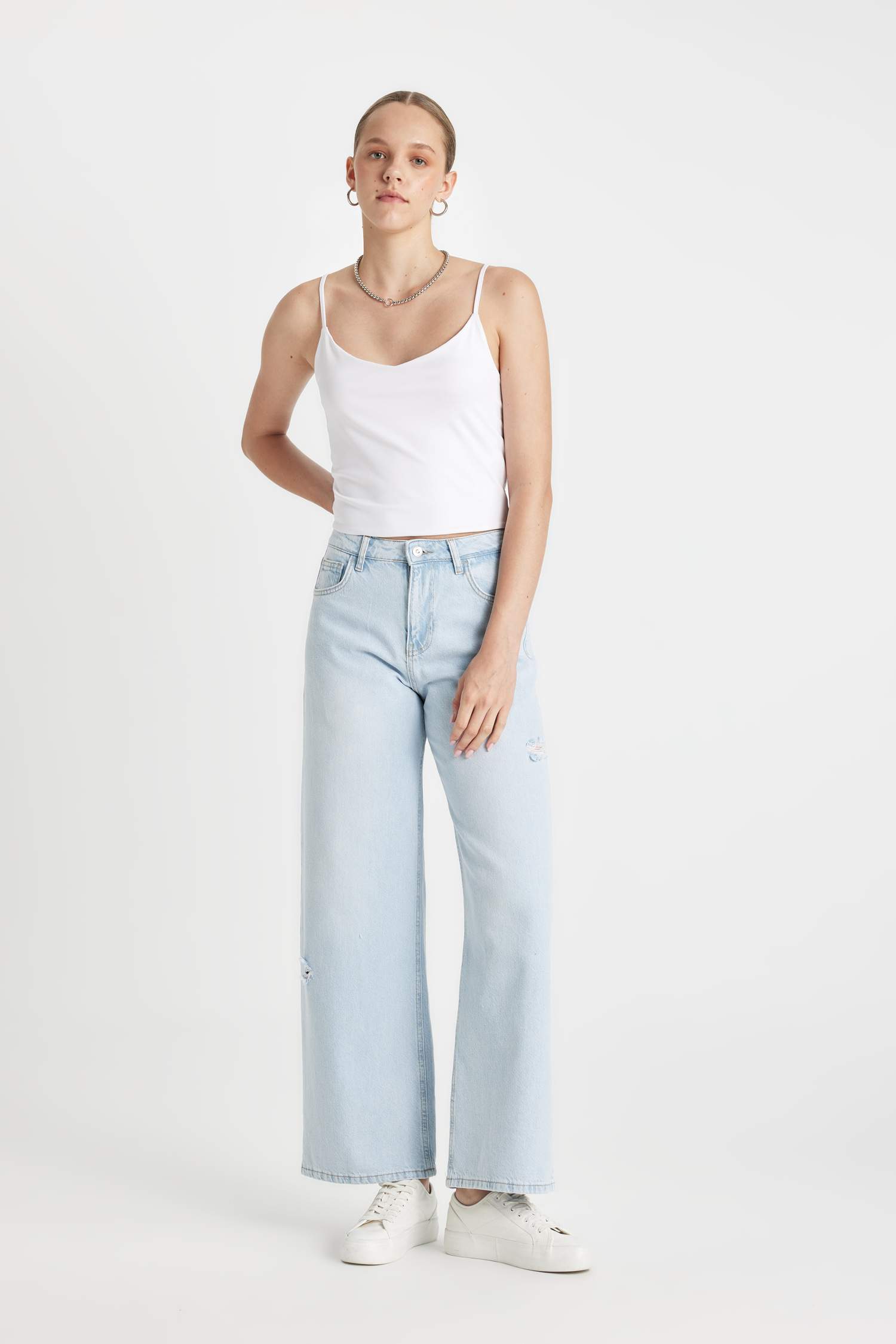 Wide Leg Normal Bel Uzun Jean Yıkamalı Pantolon