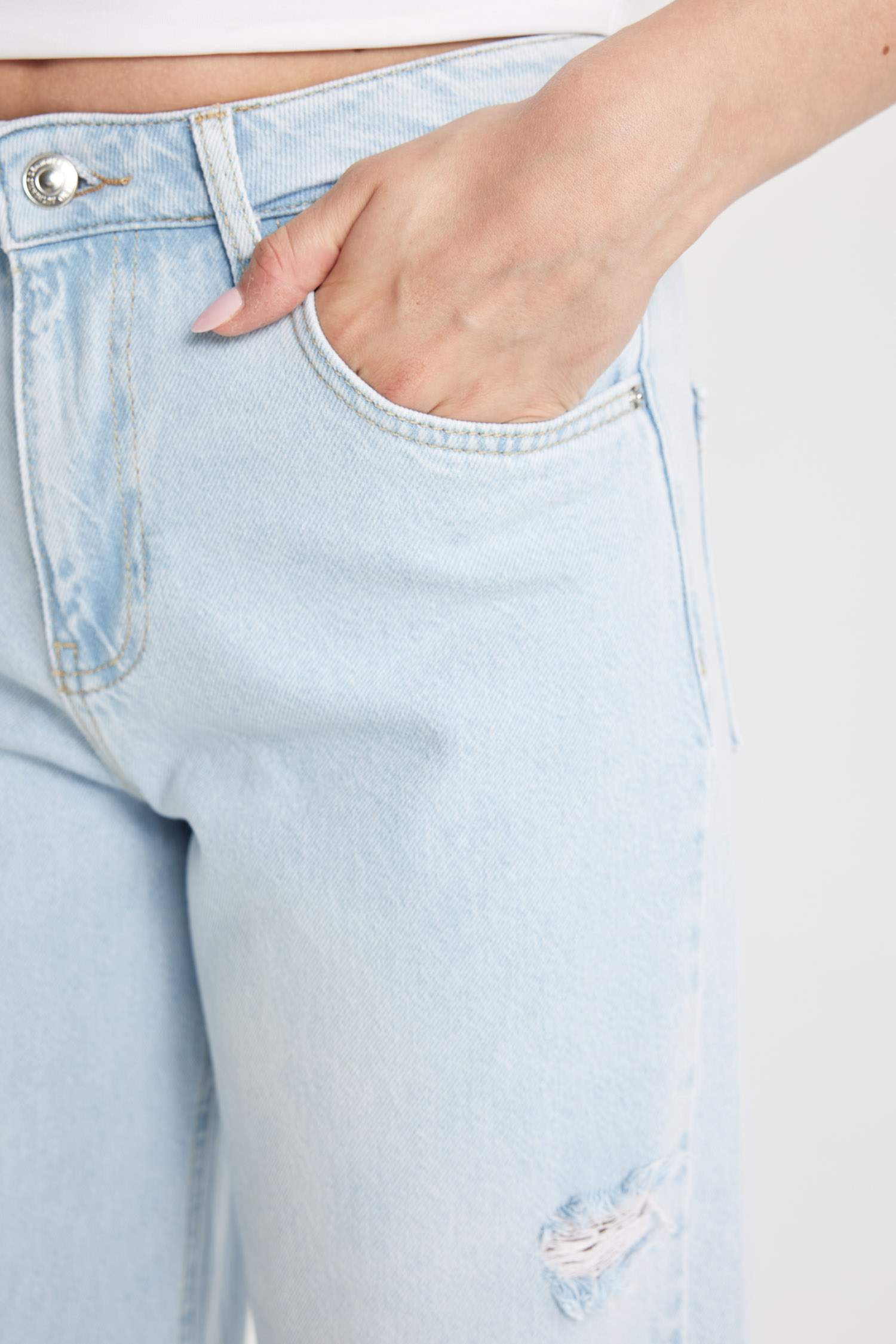 Wide Leg Normal Bel Uzun Jean Yıkamalı Pantolon