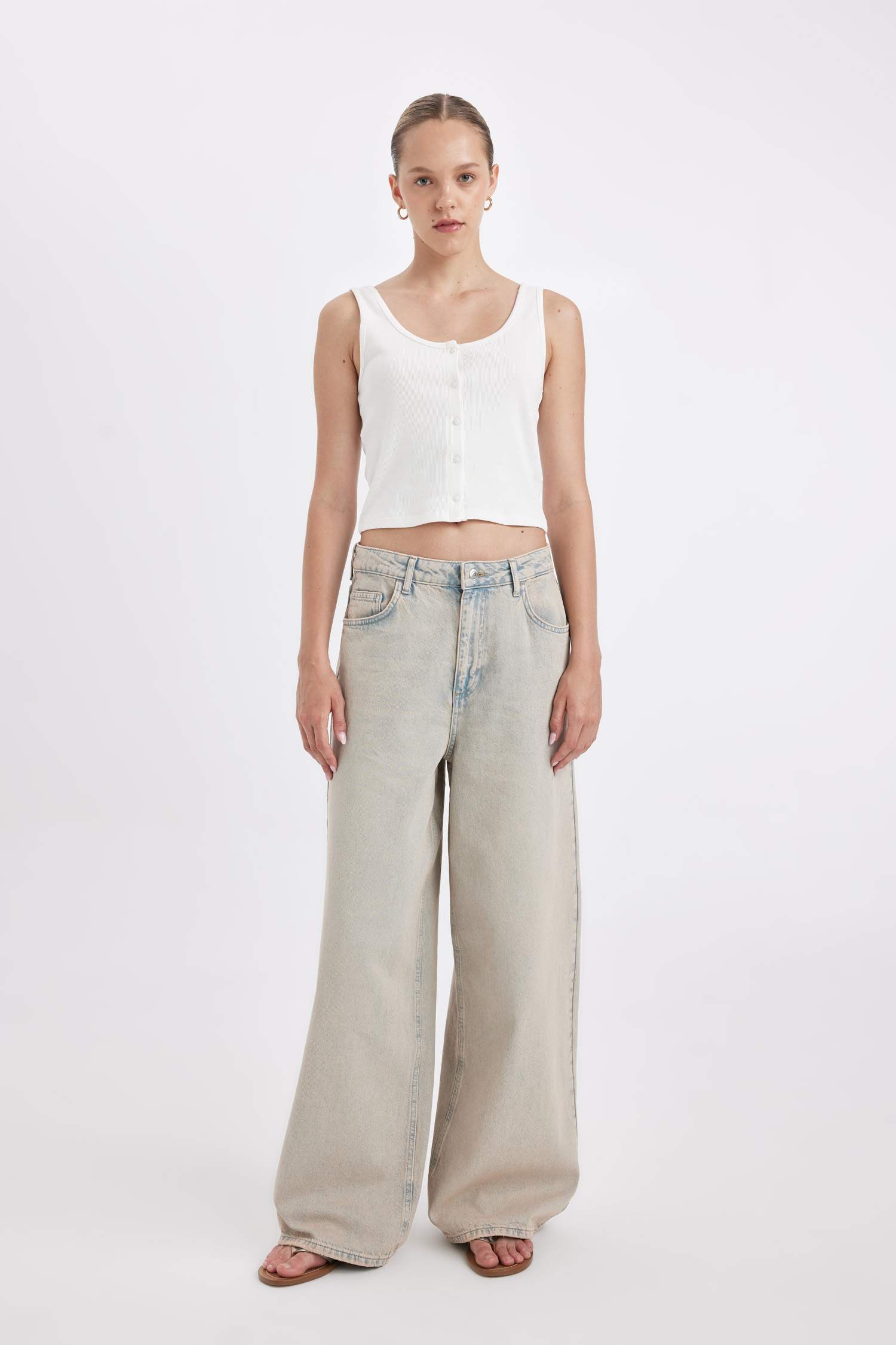 Baggy Yüksek Bel Geniş Paça Uzun Jean Yıkamalı Pantolon