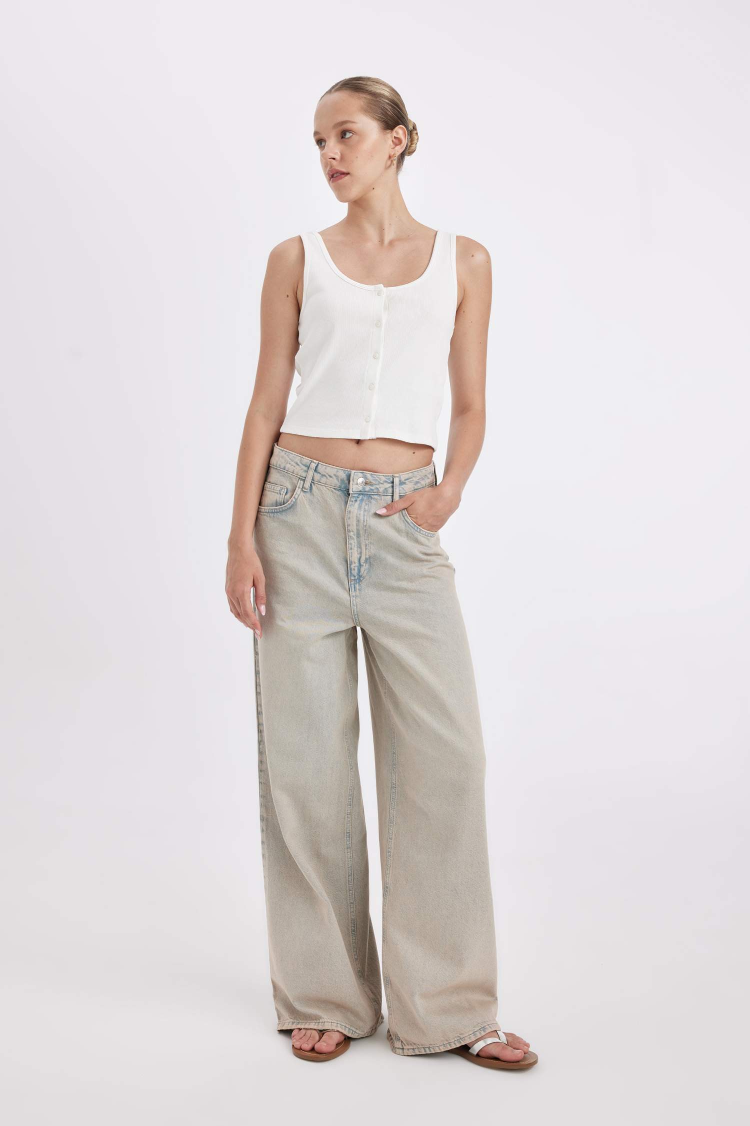 Baggy Yüksek Bel Geniş Paça Uzun Jean Yıkamalı Pantolon