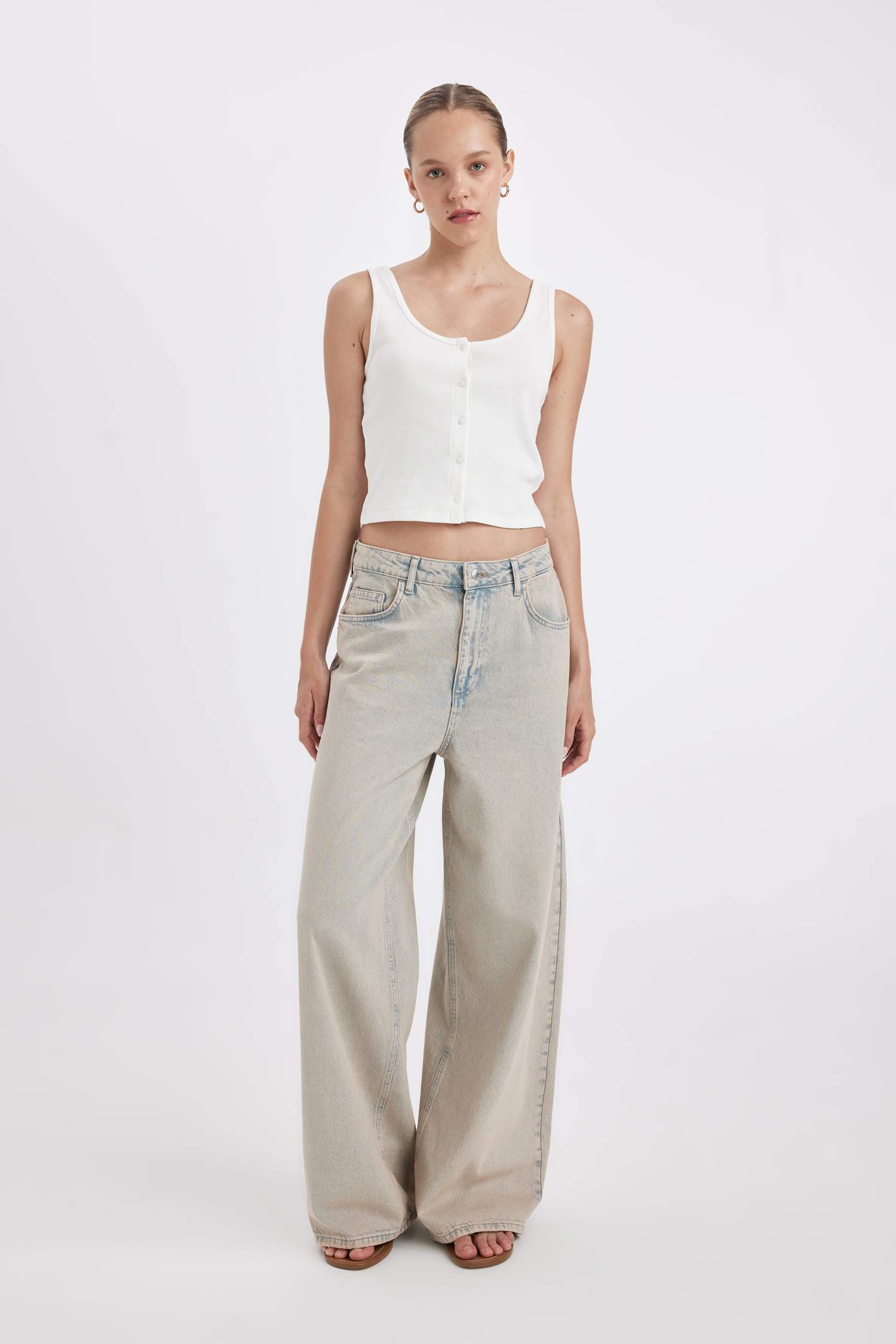 Baggy Yüksek Bel Geniş Paça Uzun Jean Yıkamalı Pantolon