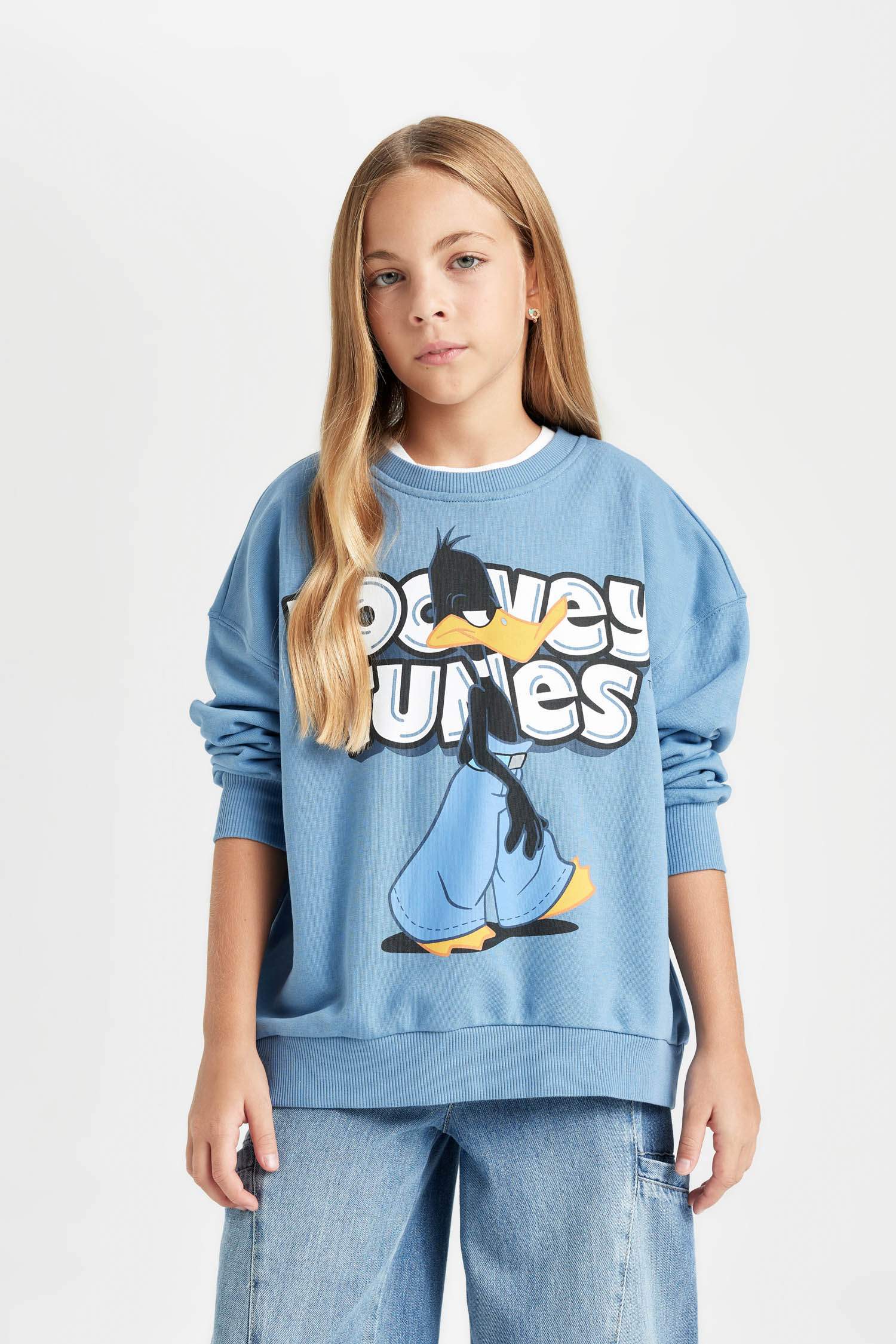 Kız Çocuk Mavi Looney Tunes Oversize Geniş Kalıp Bisiklet Yaka Sweatshirt