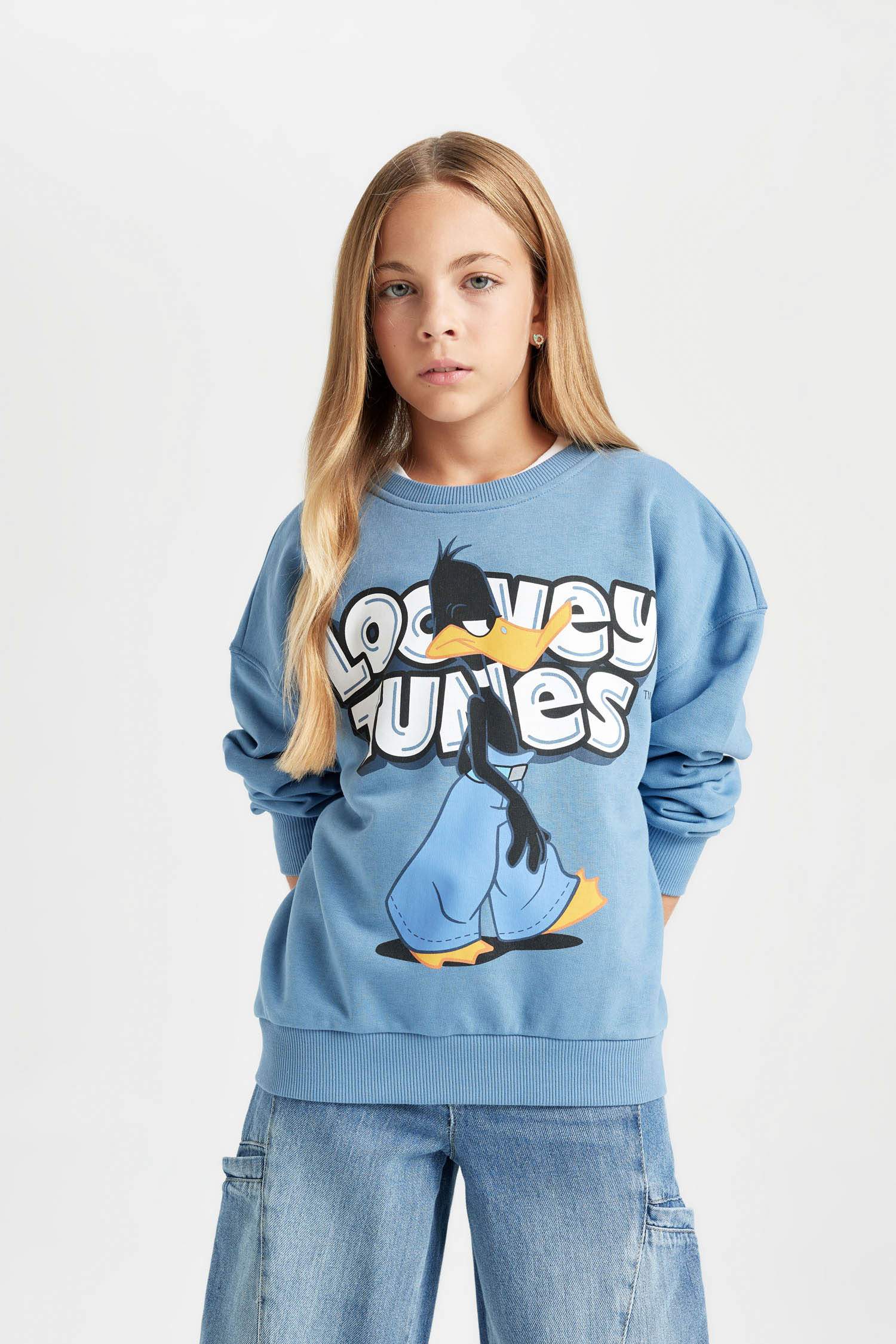 Kız Çocuk Mavi Looney Tunes Oversize Geniş Kalıp Bisiklet Yaka Sweatshirt