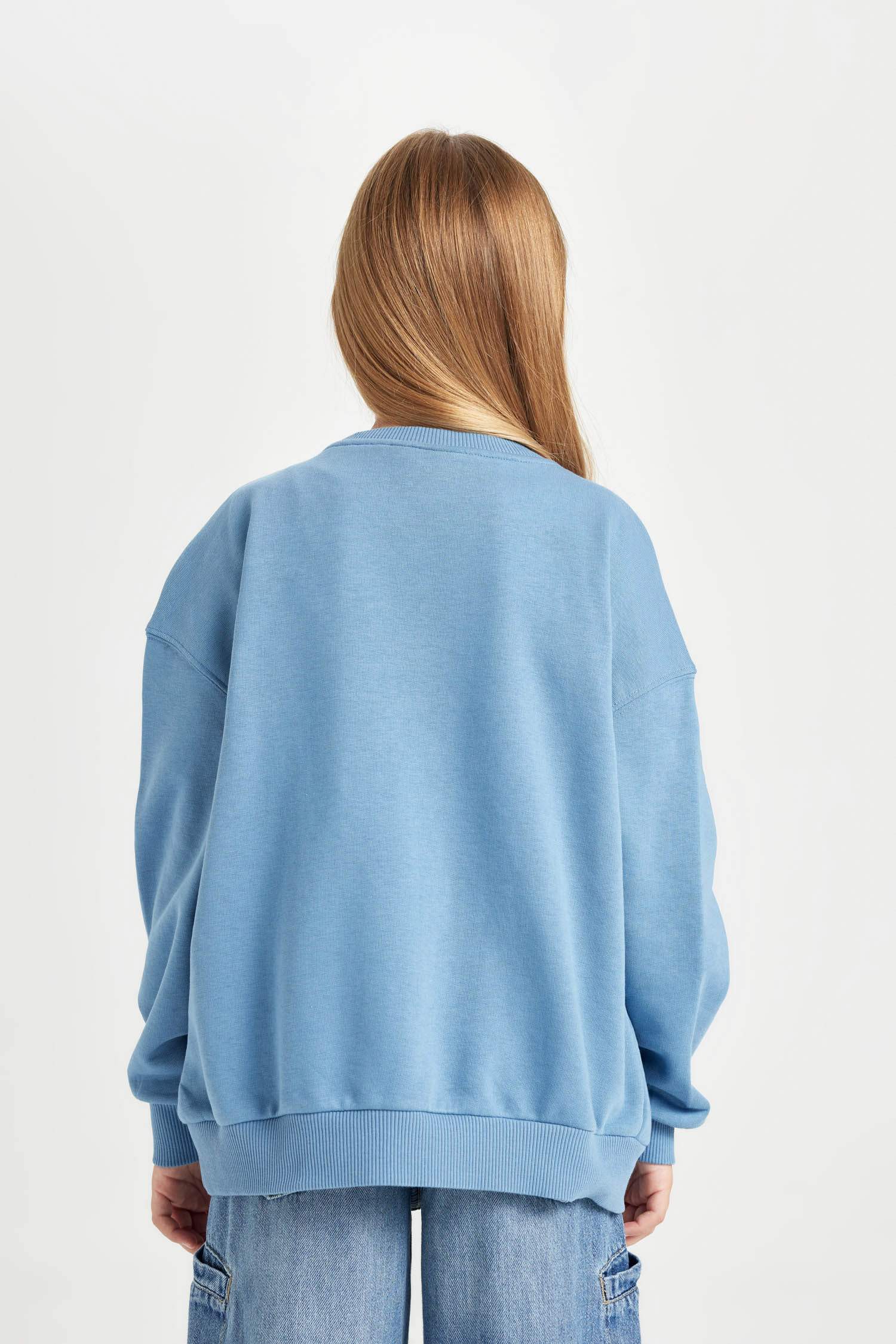 Kız Çocuk Mavi Looney Tunes Oversize Geniş Kalıp Bisiklet Yaka Sweatshirt