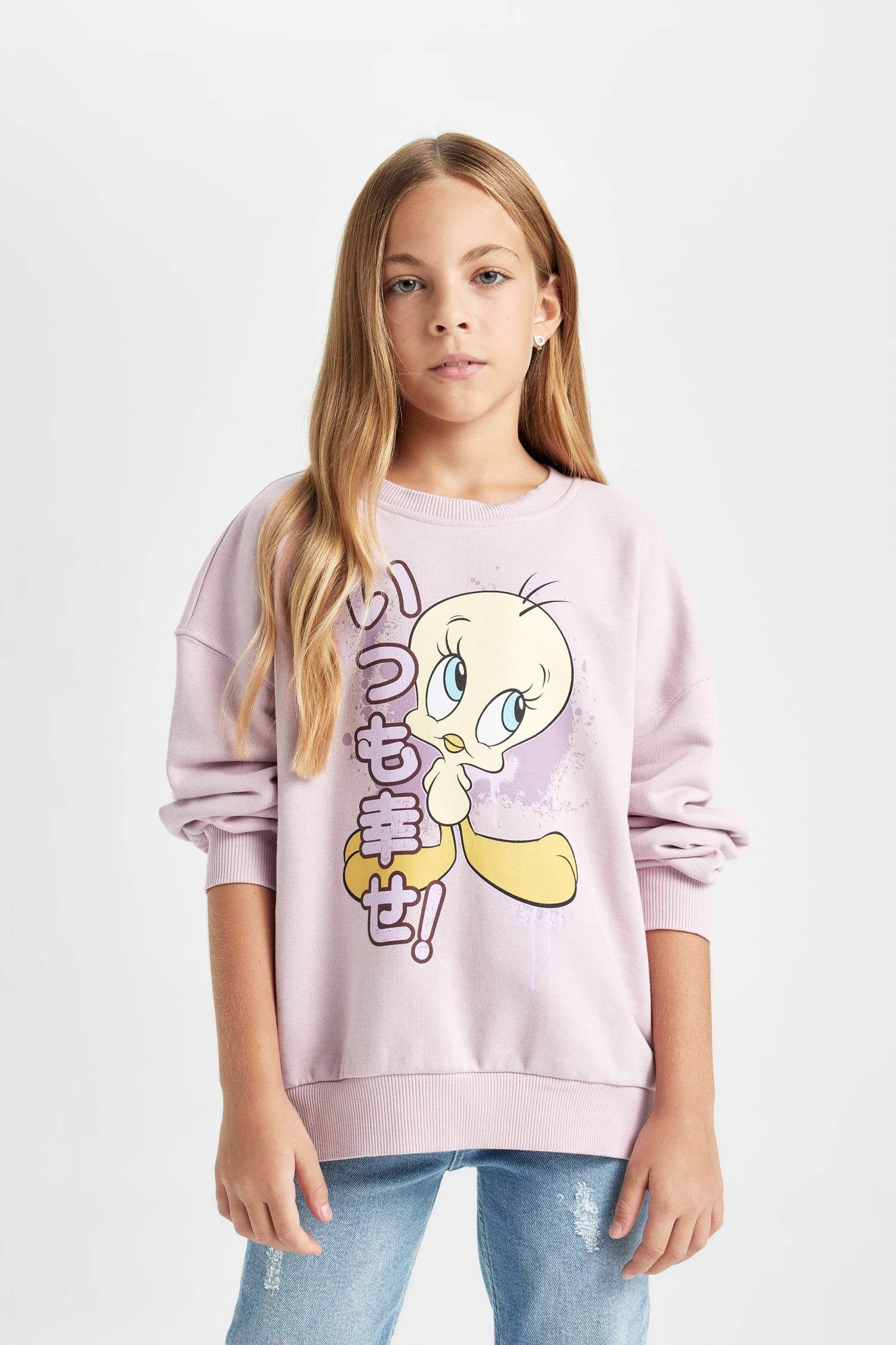 Kız Çocuk Looney Tunes Baskılı Oversize Geniş Kalıp Bisiklet Yaka Sweatshirt
