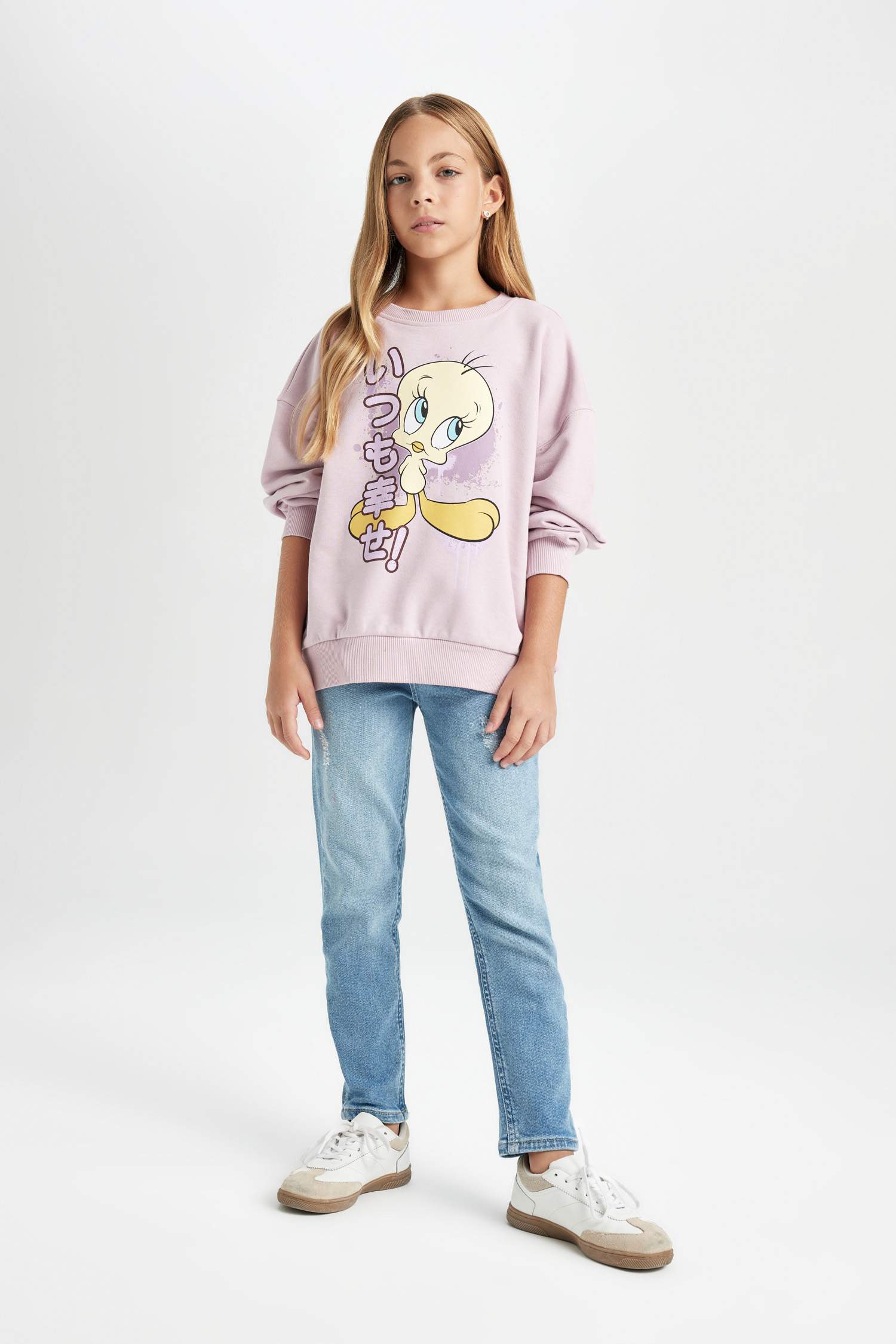 Kız Çocuk Looney Tunes Baskılı Oversize Geniş Kalıp Bisiklet Yaka Sweatshirt