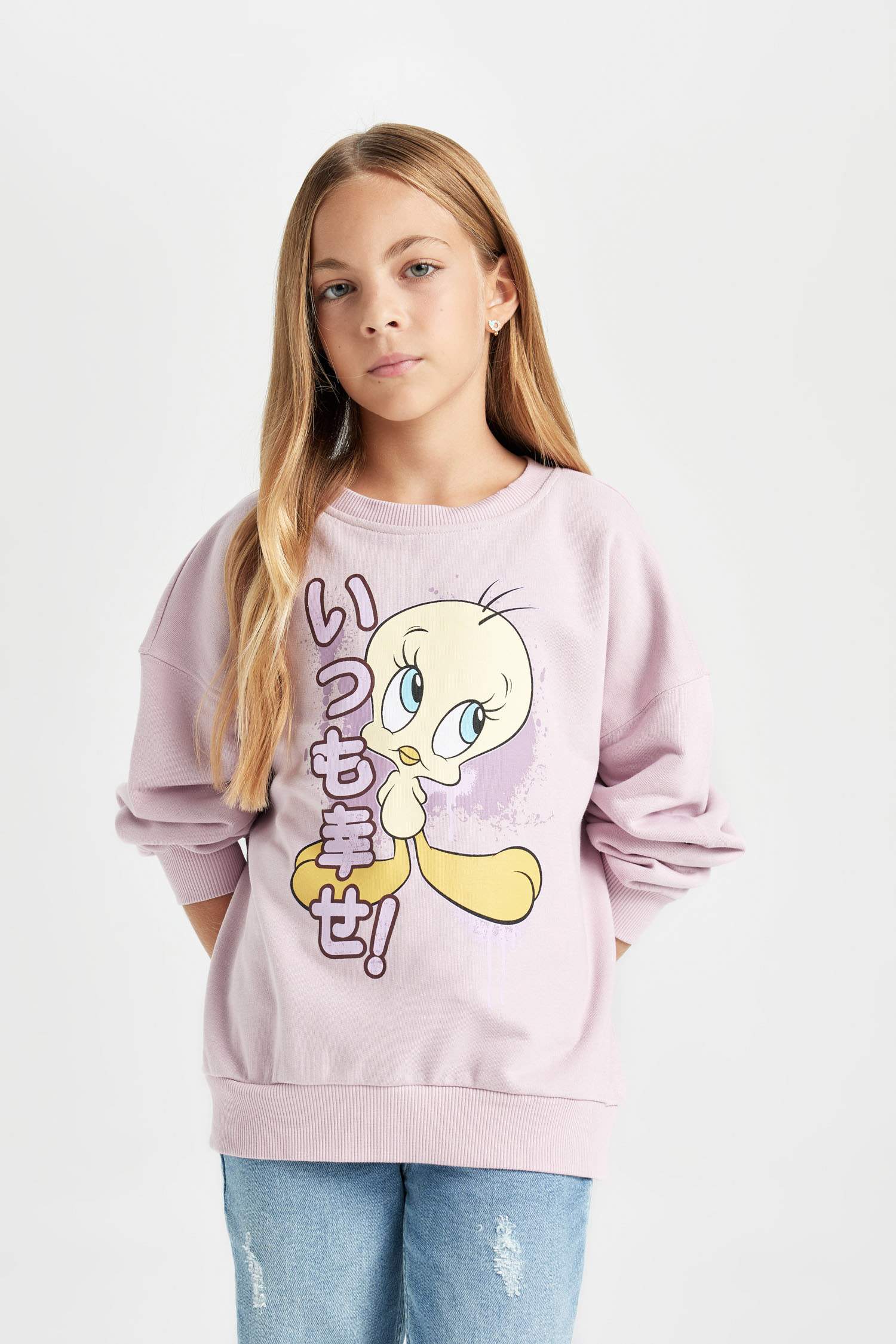Kız Çocuk Looney Tunes Baskılı Oversize Geniş Kalıp Bisiklet Yaka Sweatshirt