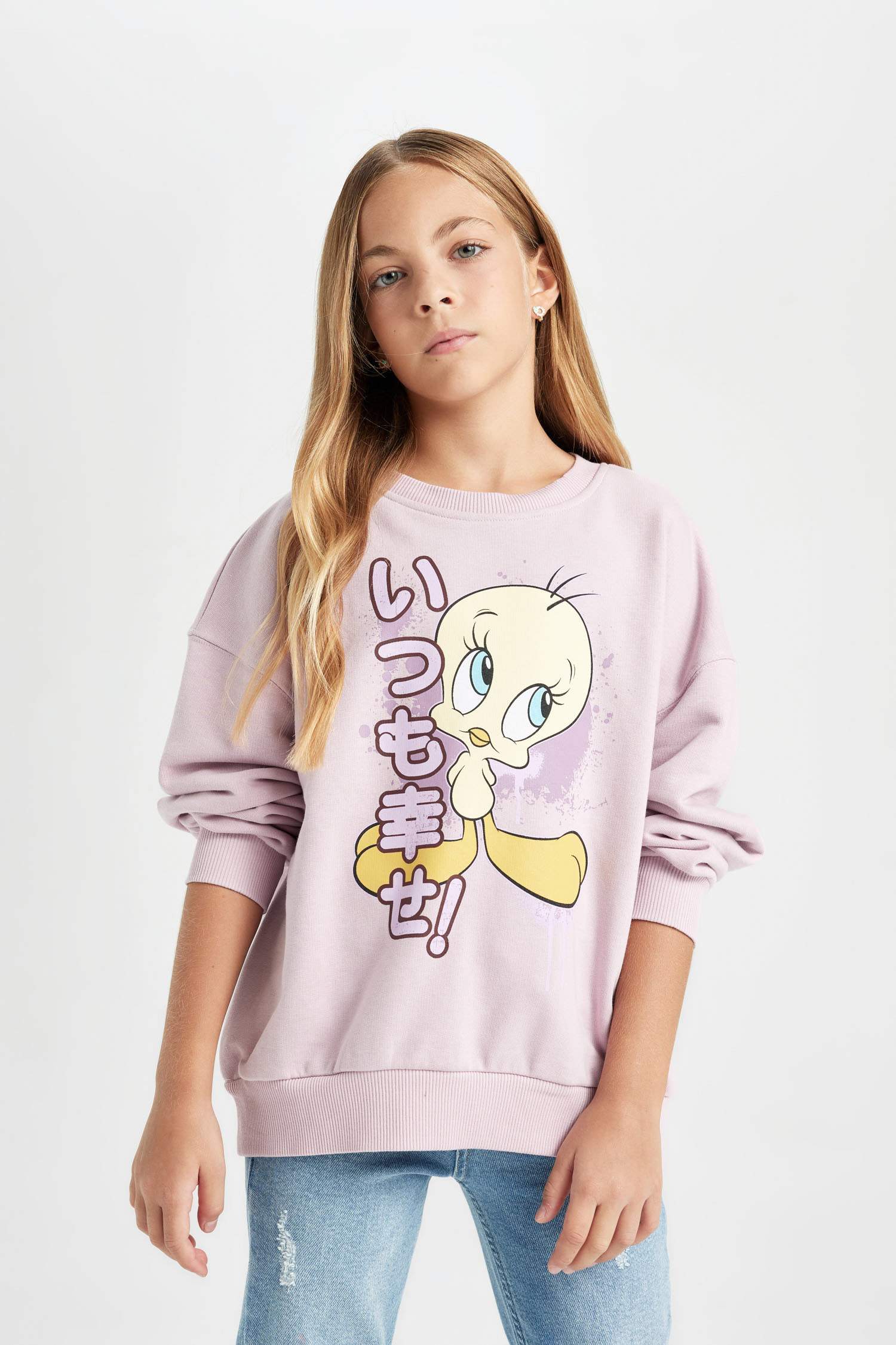 Kız Çocuk Looney Tunes Baskılı Oversize Geniş Kalıp Bisiklet Yaka Sweatshirt