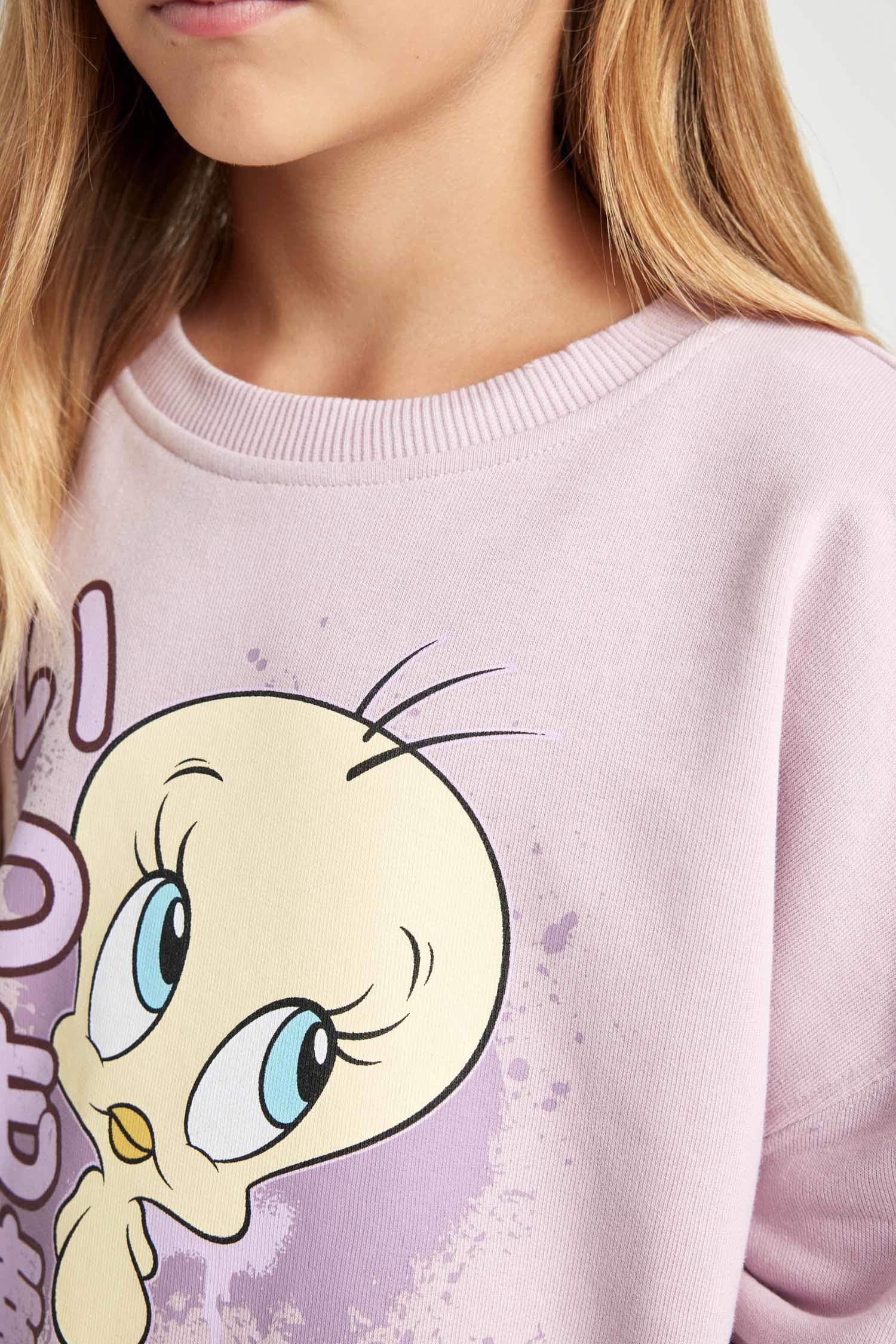 Kız Çocuk Looney Tunes Baskılı Oversize Geniş Kalıp Bisiklet Yaka Sweatshirt