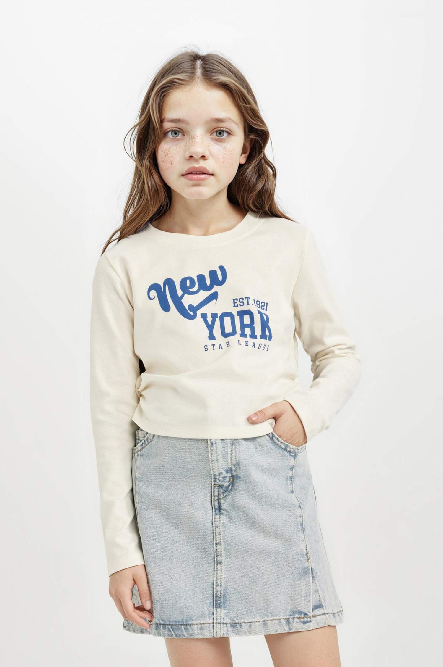 تيشيرت كروب بناتي كم طويل مضلع برقبة مستديرة