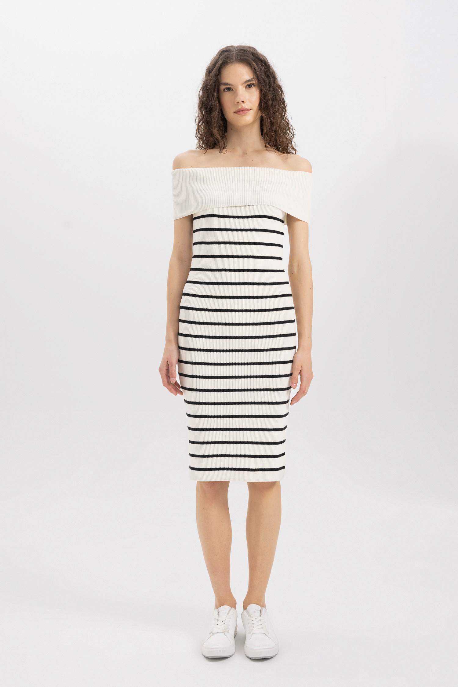 Fitted Striped Open Shoulder Ribbed Midi Dress