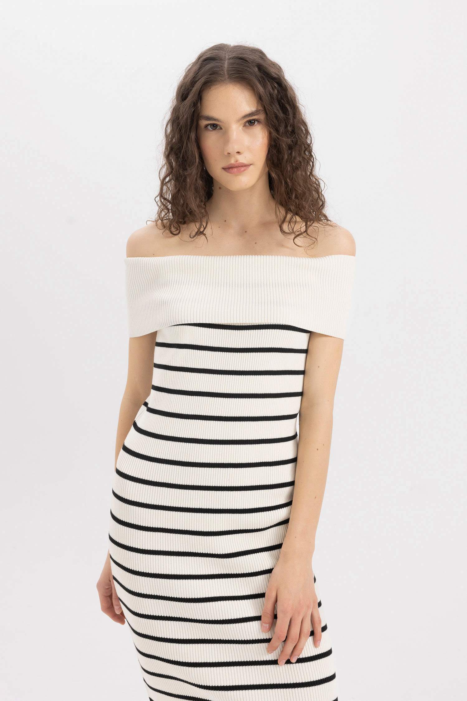 Fitted Striped Open Shoulder Ribbed Midi Dress