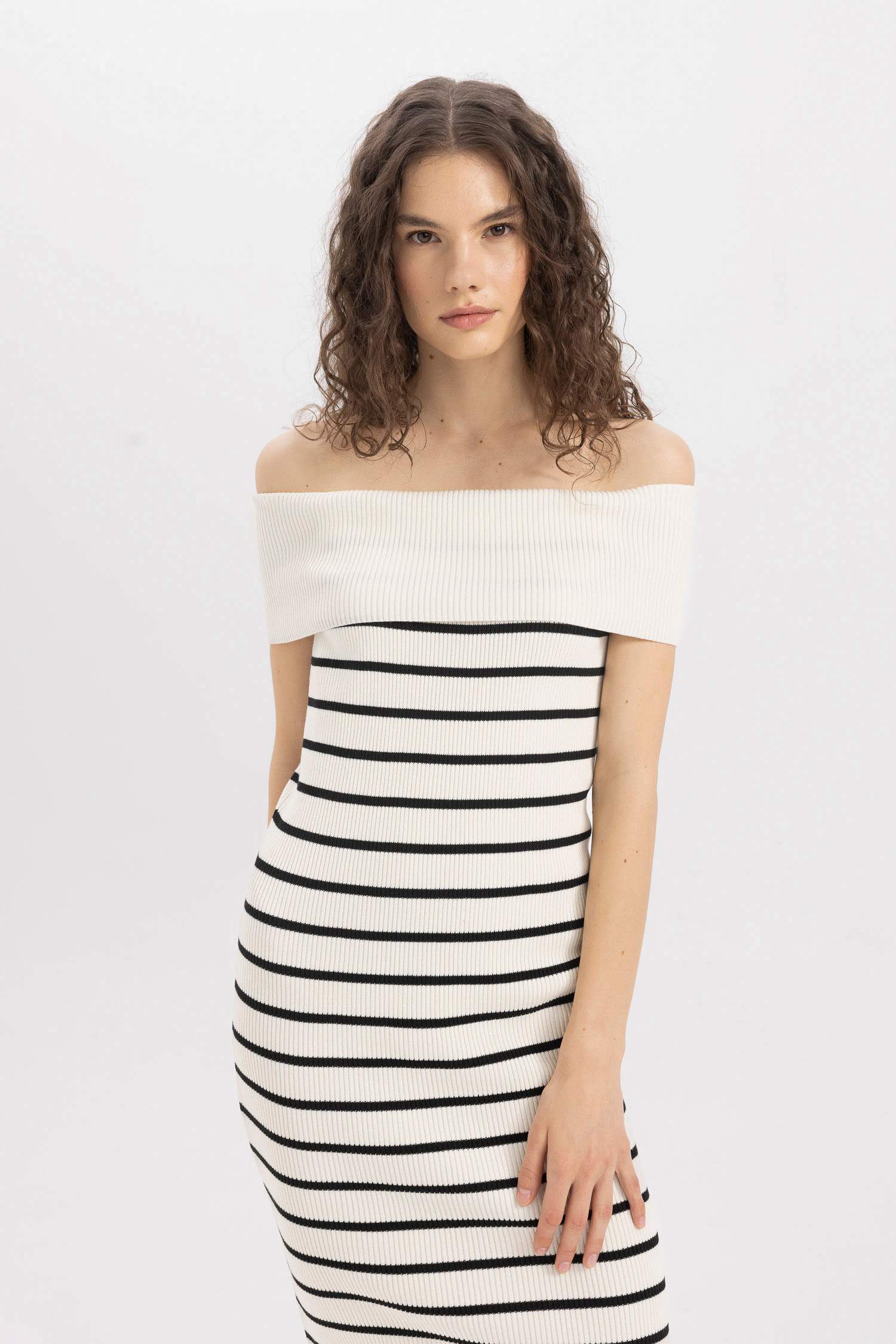 Fitted Striped Open Shoulder Ribbed Midi Dress