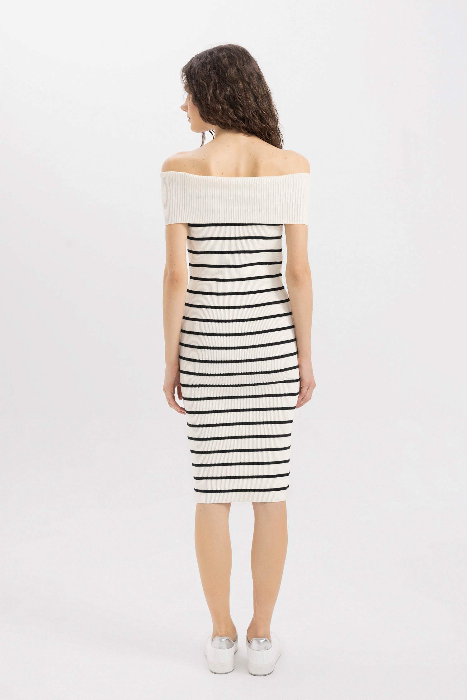 Fitted Striped Open Shoulder Ribbed Midi Dress