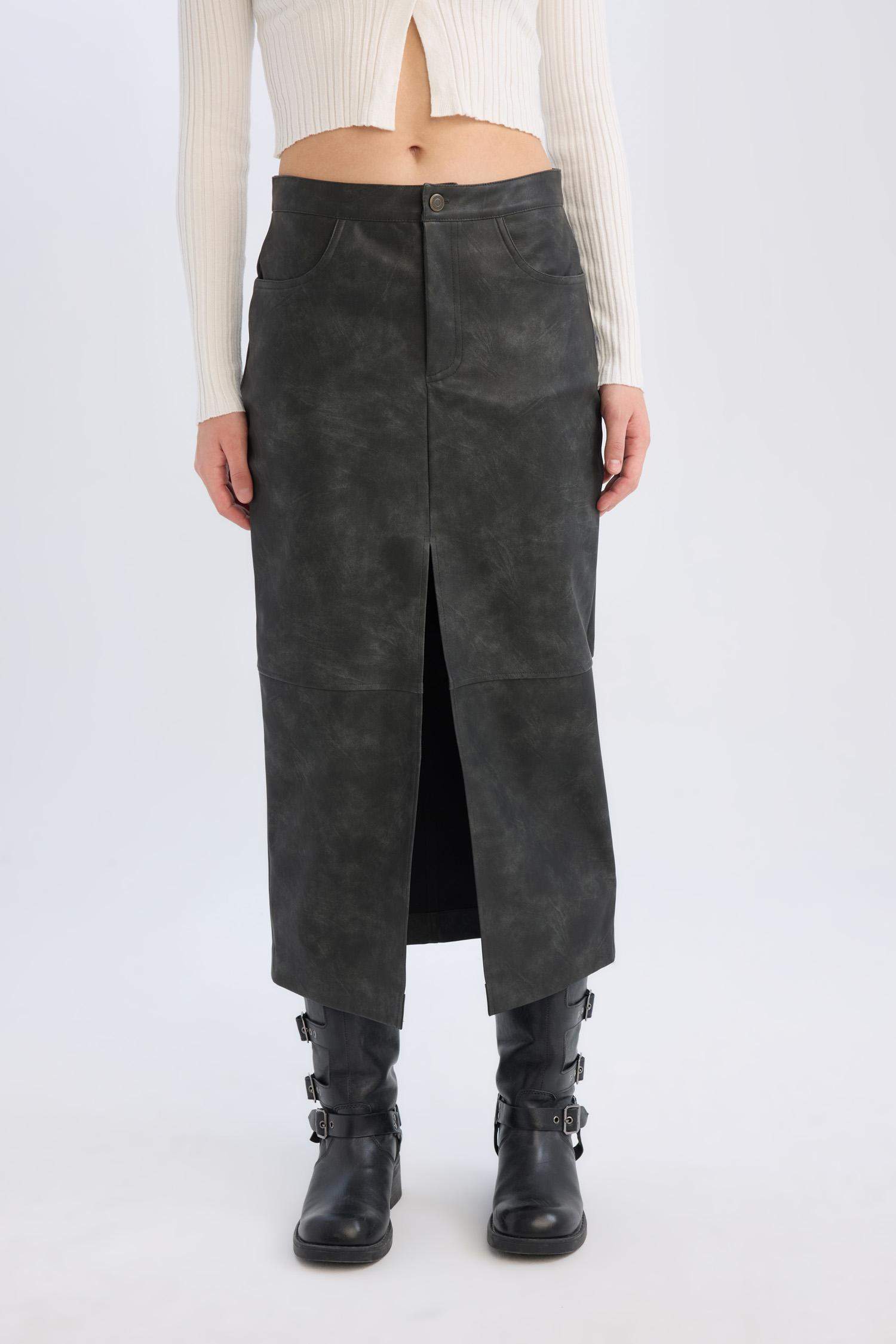 Kalem Yıkamalı Yüksek Bel Suni Deri Midi Etek