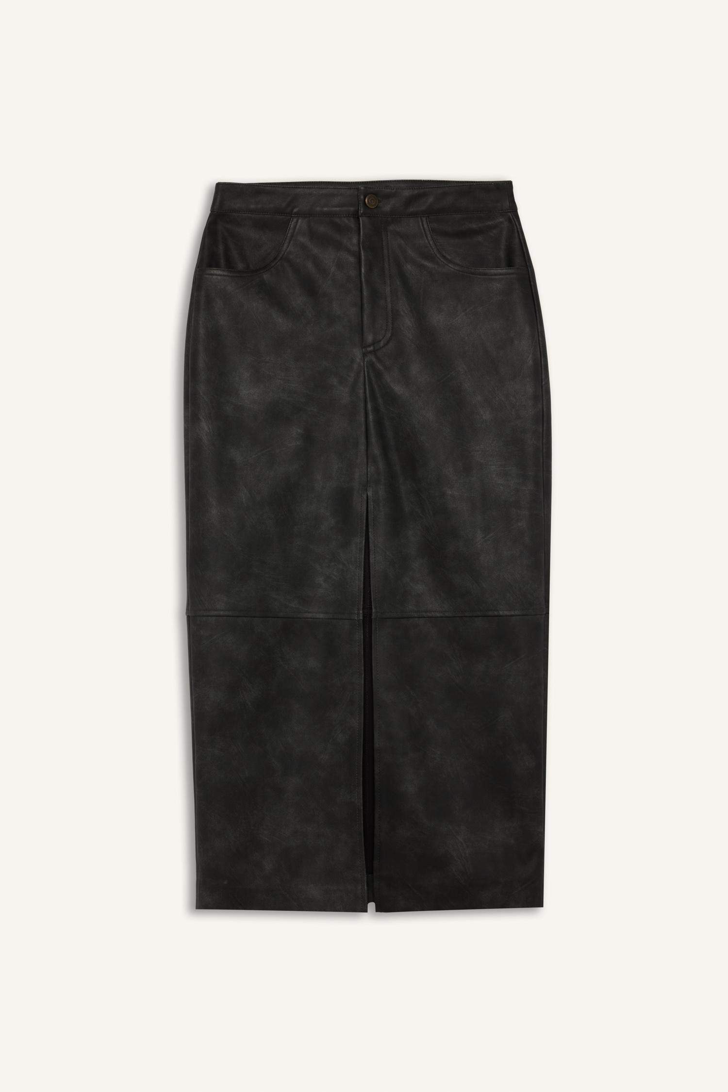 Kalem Yıkamalı Yüksek Bel Suni Deri Midi Etek