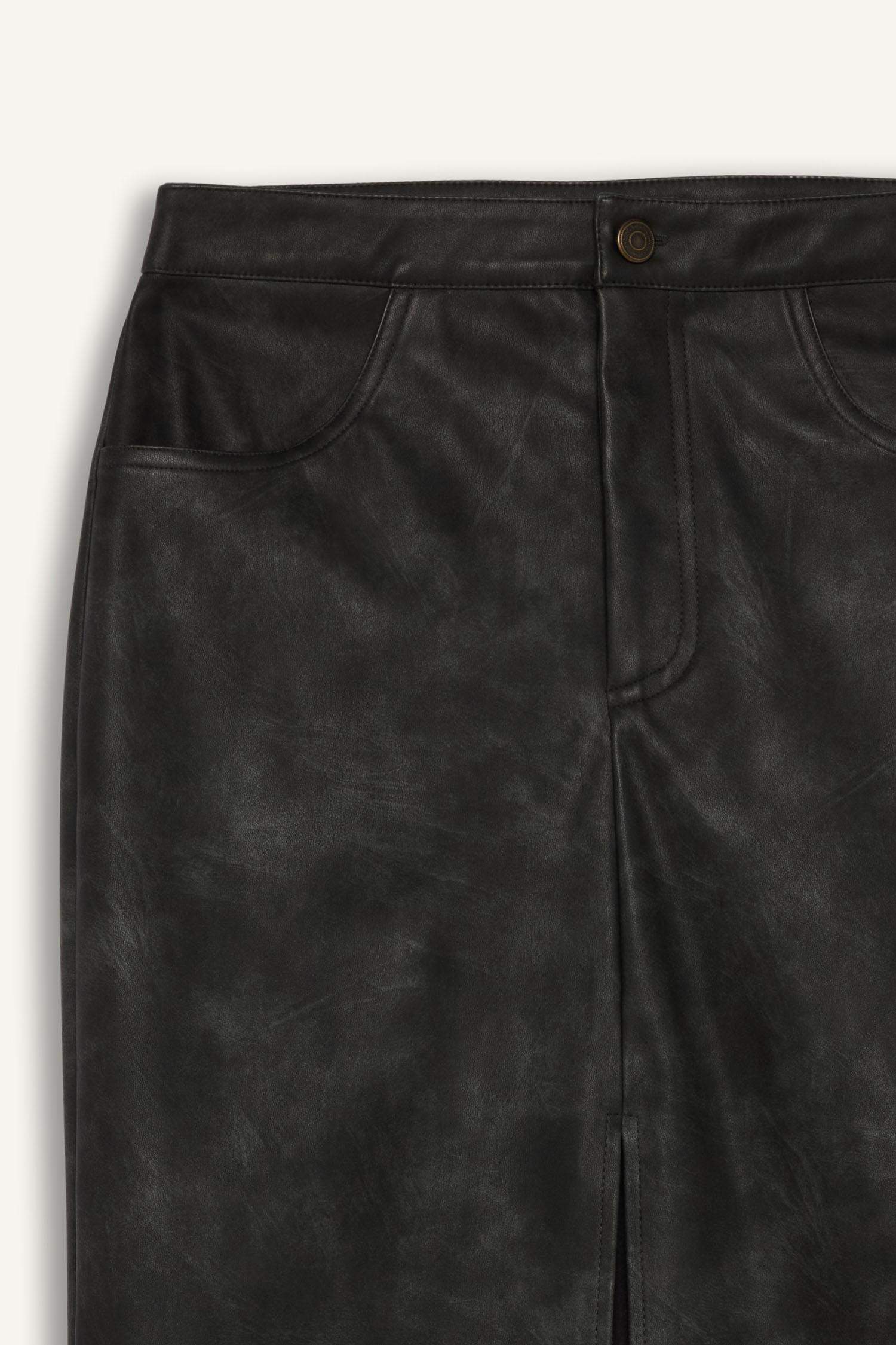 Kalem Yıkamalı Yüksek Bel Suni Deri Midi Etek