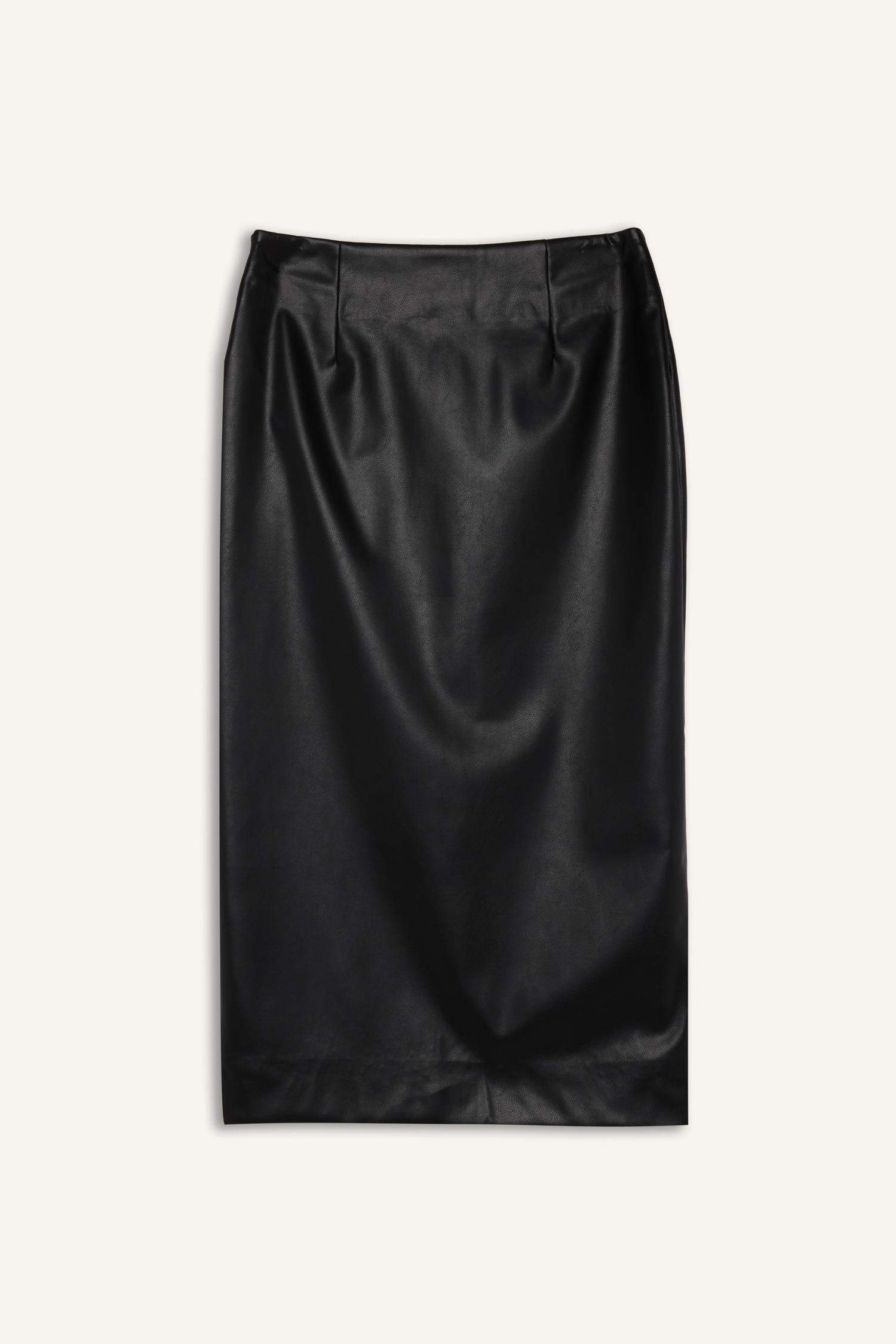 Kalem Yüksek Bel Yırtmaçlı Suni Deri Midi Siyah Etek