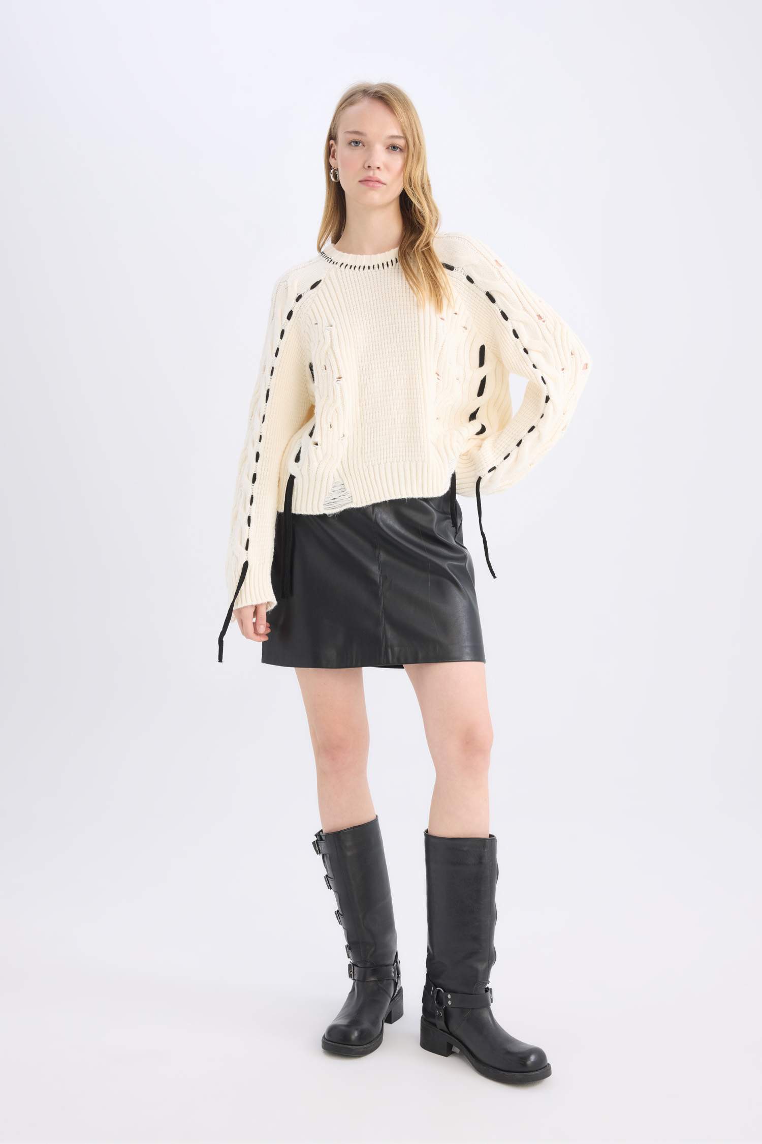 A Kesim Yüksek Bel Suni Deri Mini Etek