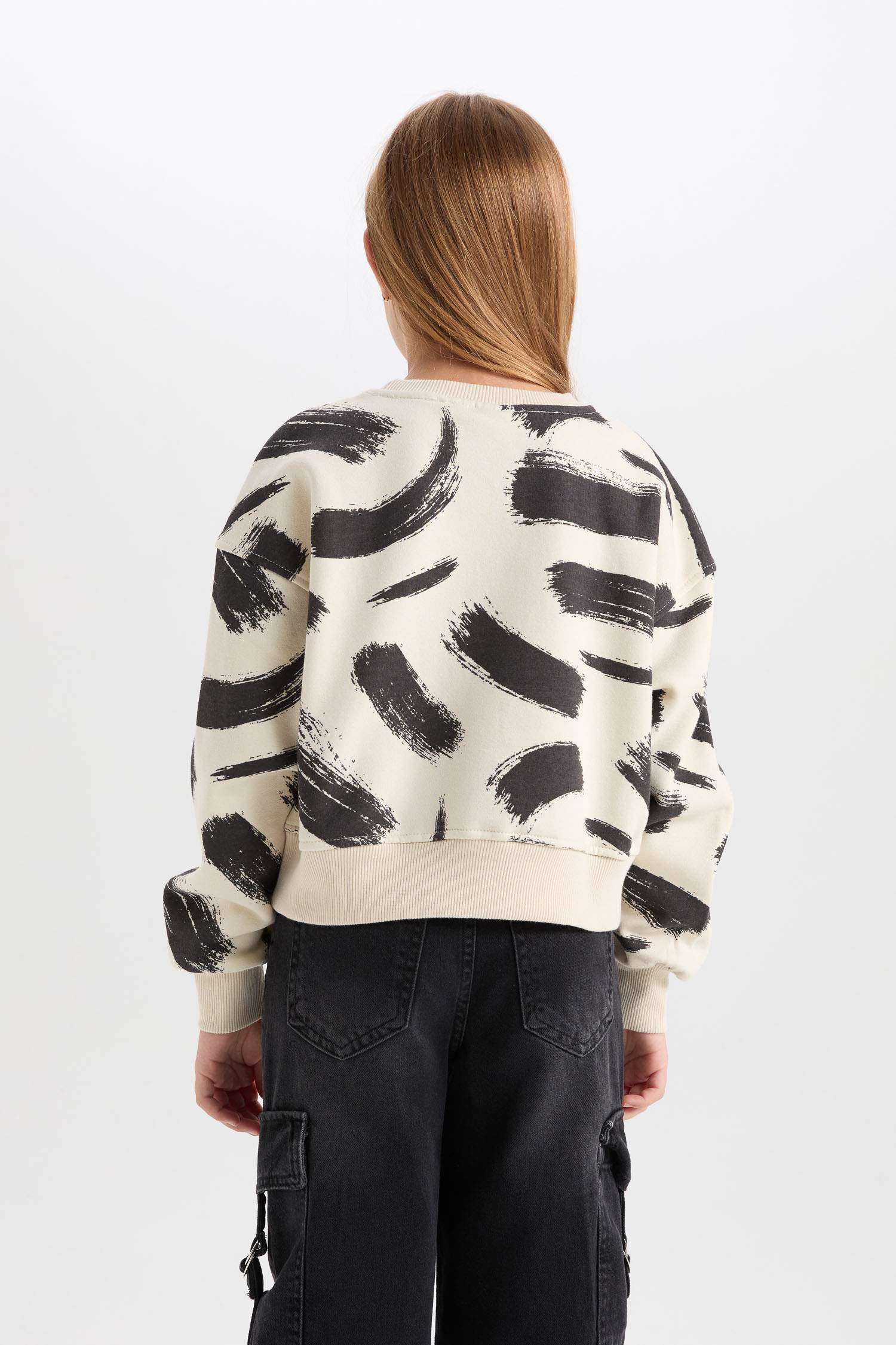 Kız Çocuk Desenli Bisiklet Yaka Sweatshirt