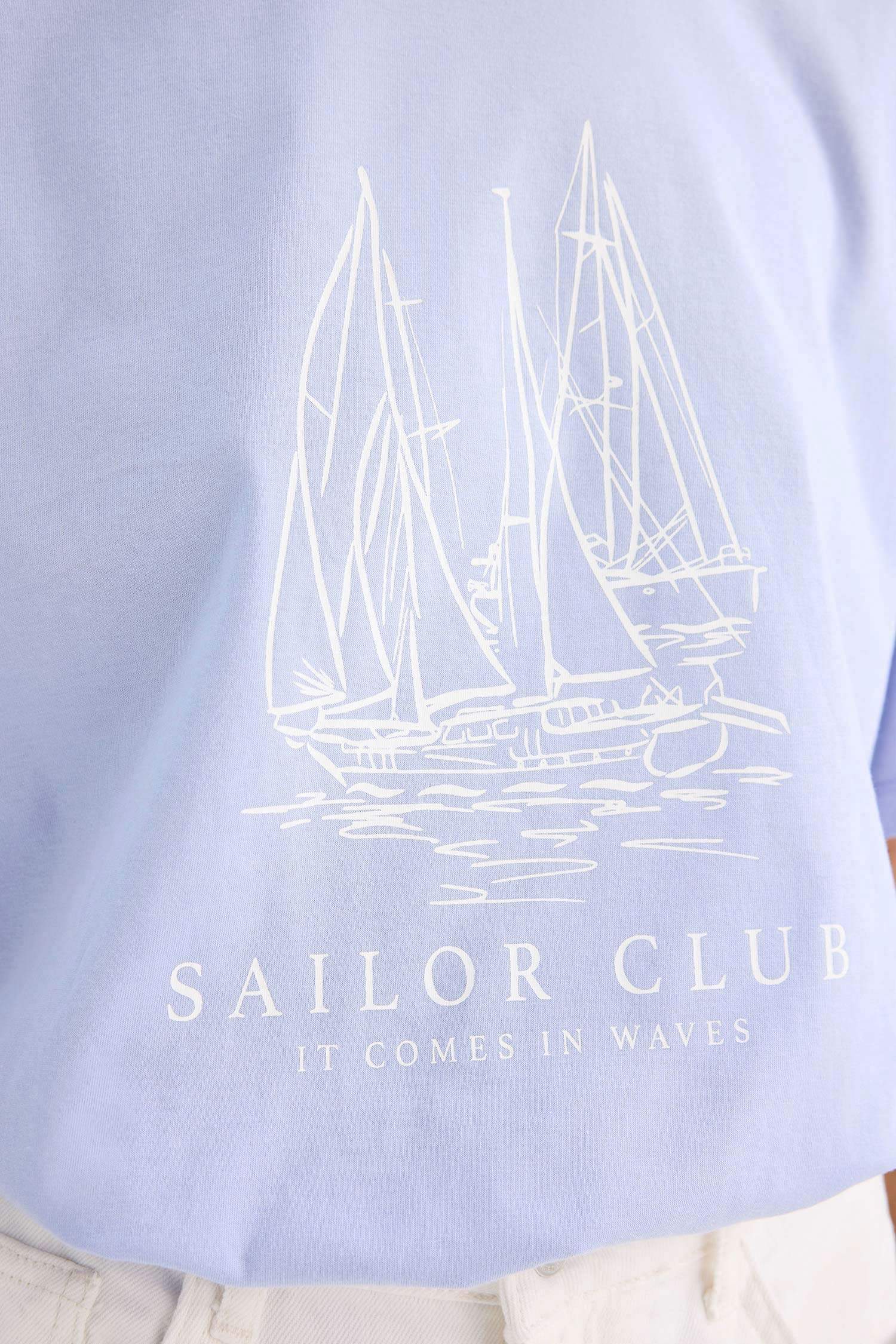 Oversize Fit Crew Neck Nautical Printed Cotton T-Shirt