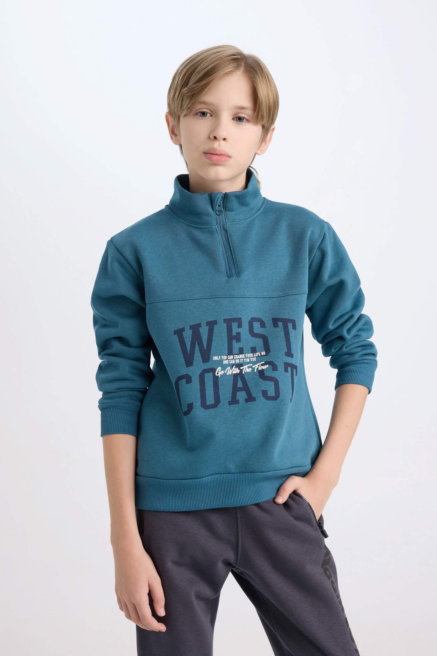 Erkek Çocuk Yarım Fermuarlı Dik Yaka Baskılı Sweatshirt