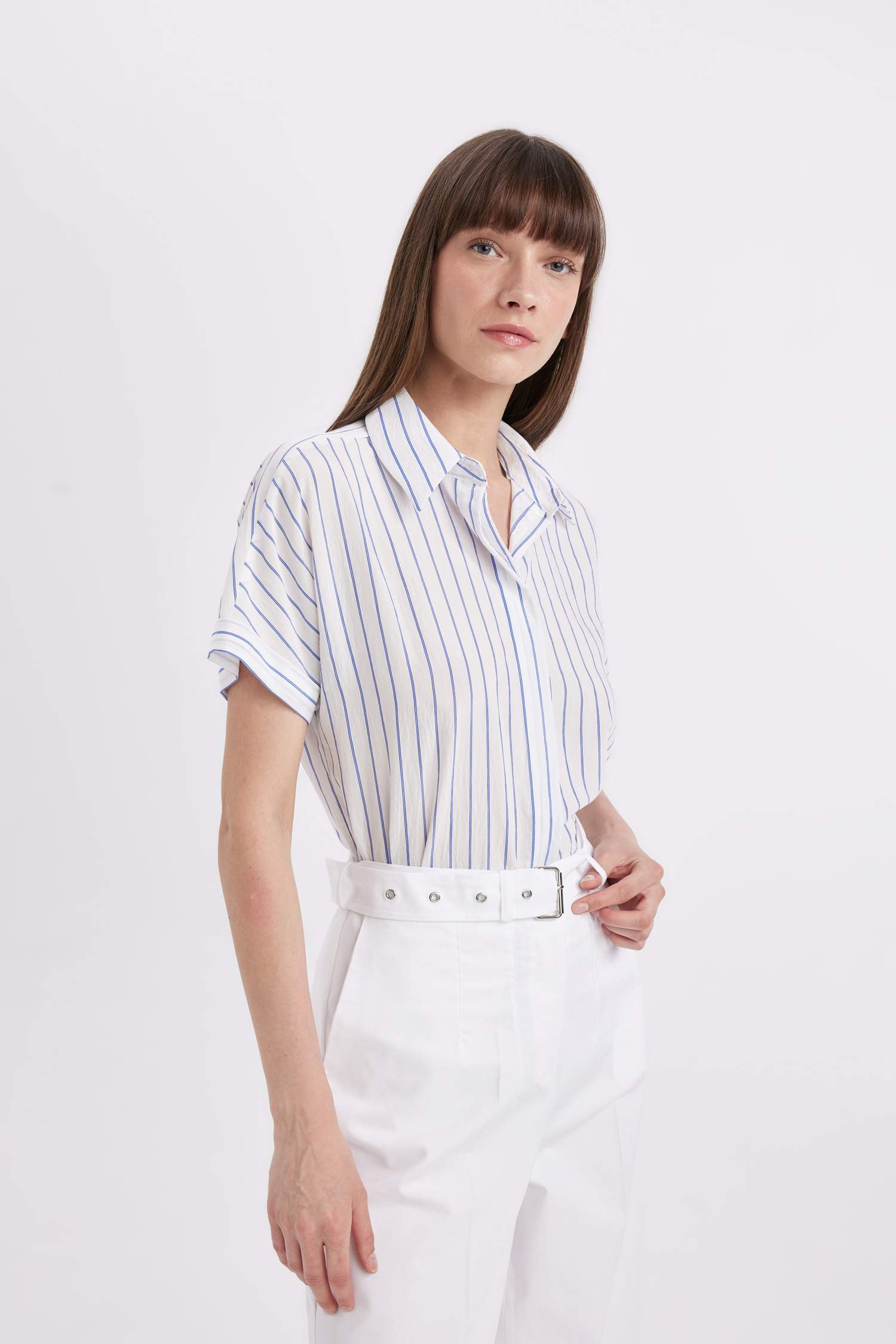 Oversize Geniş Kalıp Çizgili Kısa Kollu Gömlek